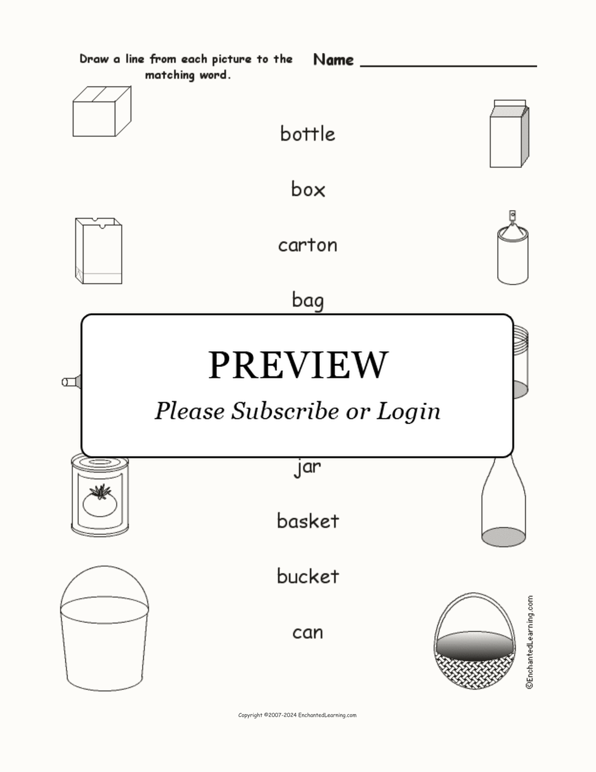 Match the Container Words to the Pictures interactive worksheet page 1