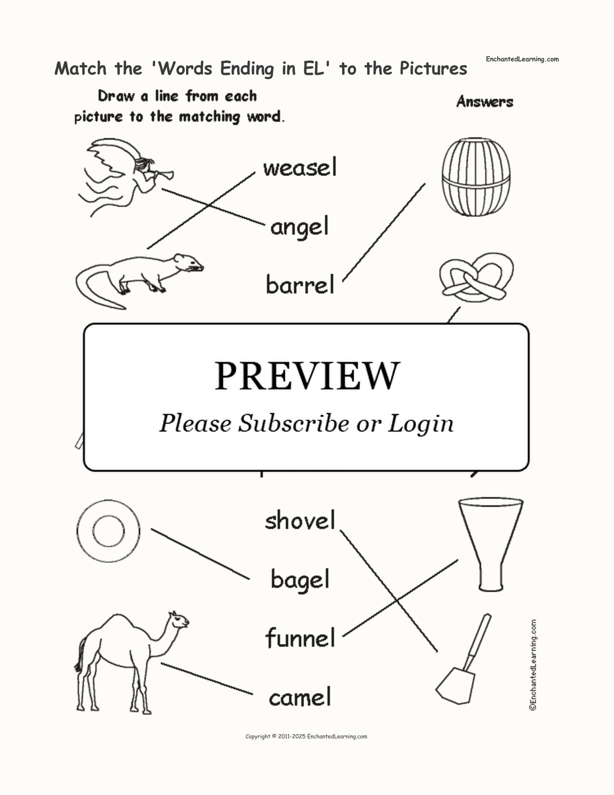 Match the 'Words Ending in EL' to the Pictures interactive worksheet page 2