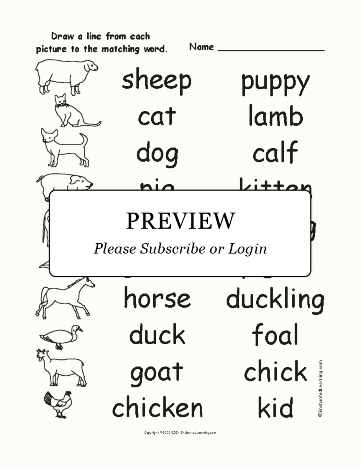 Farm Animals and Their Babies - Match the Words to the Pictures interactive worksheet page 1