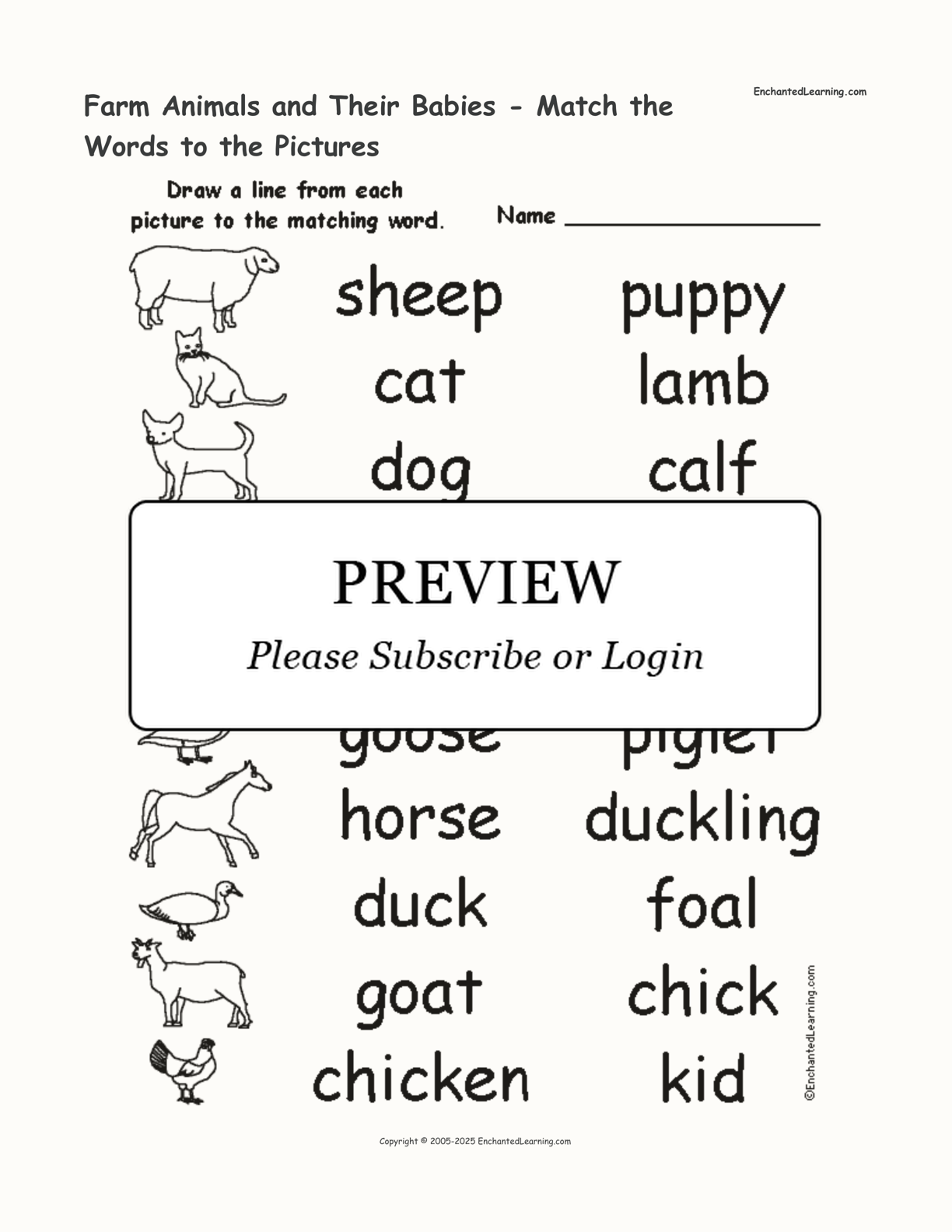 Farm Animals and Their Babies - Match the Words to the Pictures interactive worksheet page 1