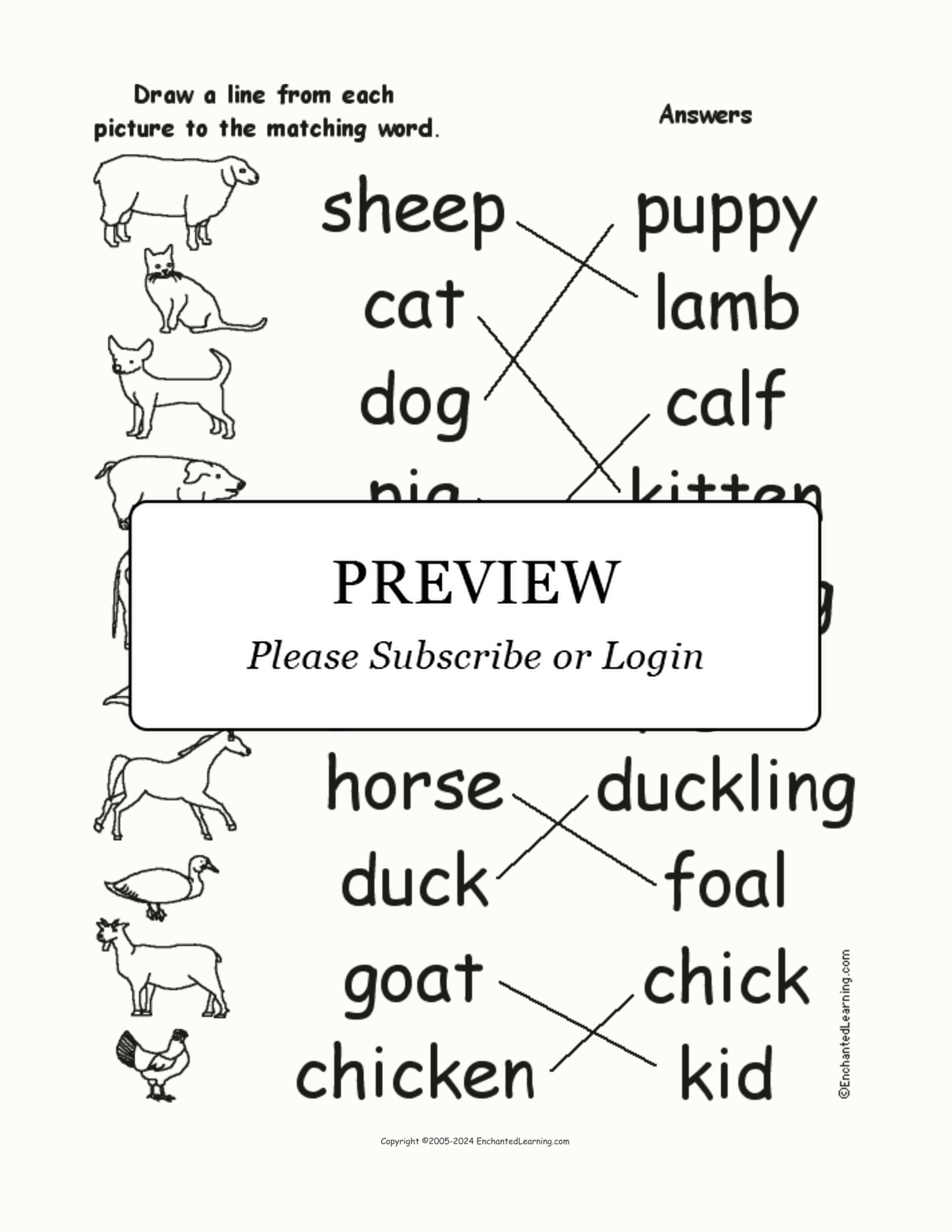 Farm Animals and Their Babies - Match the Words to the Pictures interactive worksheet page 2