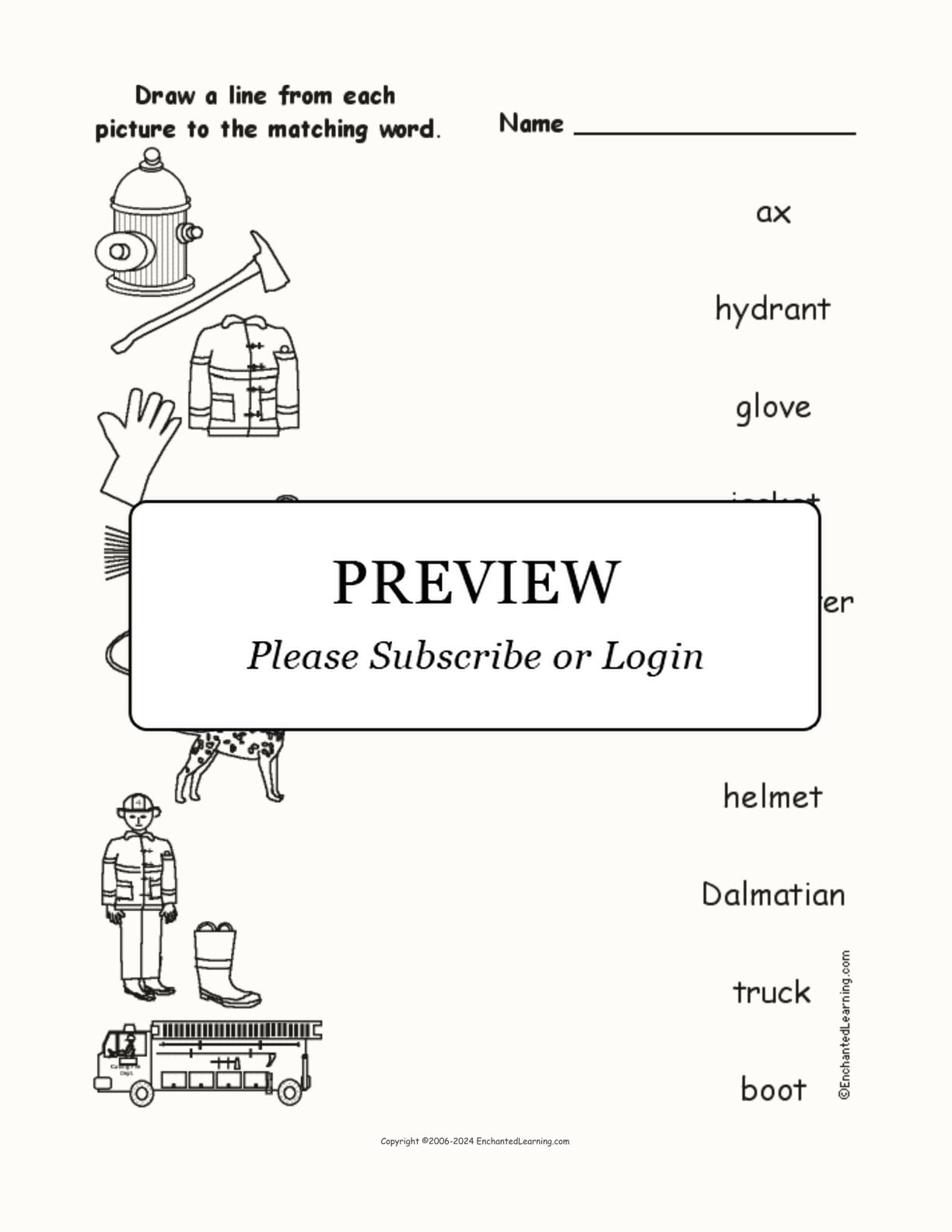 Firefighting Words - Match the Words to the Pictures interactive worksheet page 1
