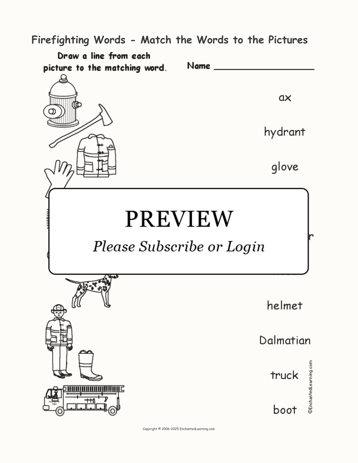 Firefighting Words - Match the Words to the Pictures interactive worksheet page 1