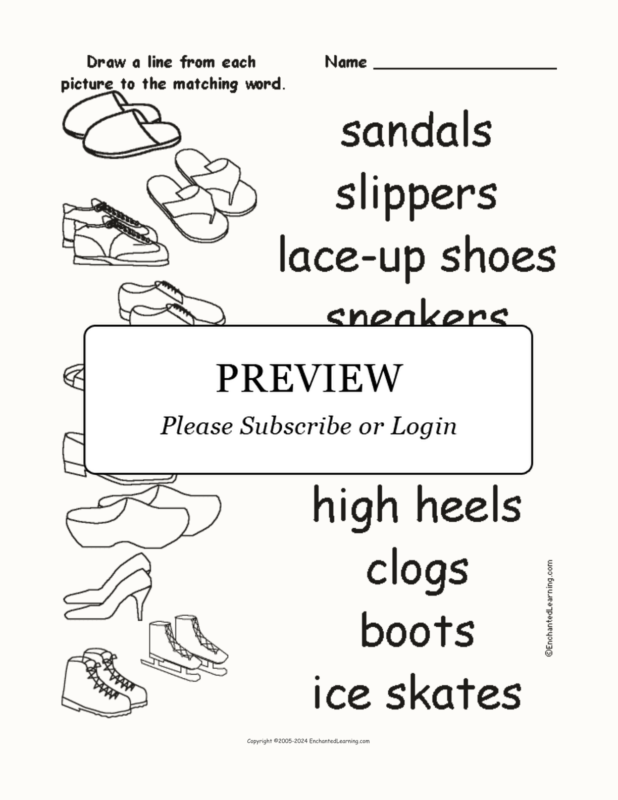 Match the Footwear Words to the Pictures interactive worksheet page 1