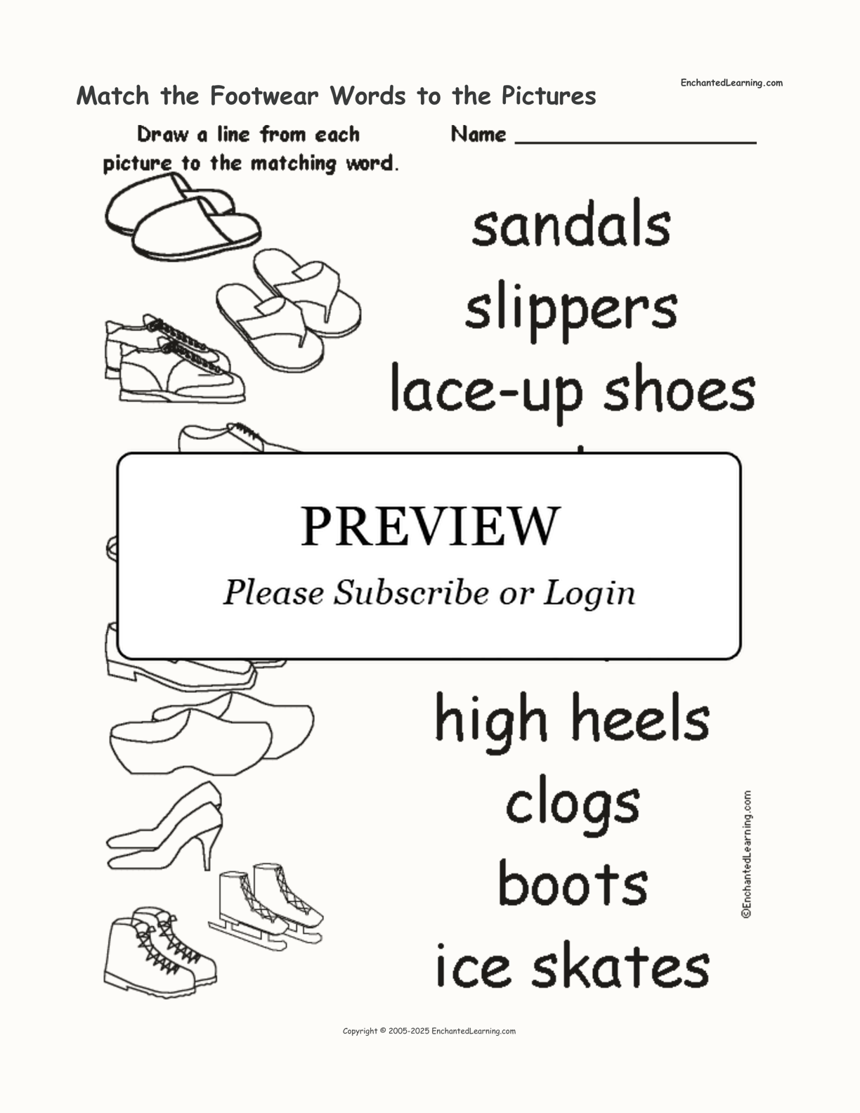 Match the Footwear Words to the Pictures interactive worksheet page 1