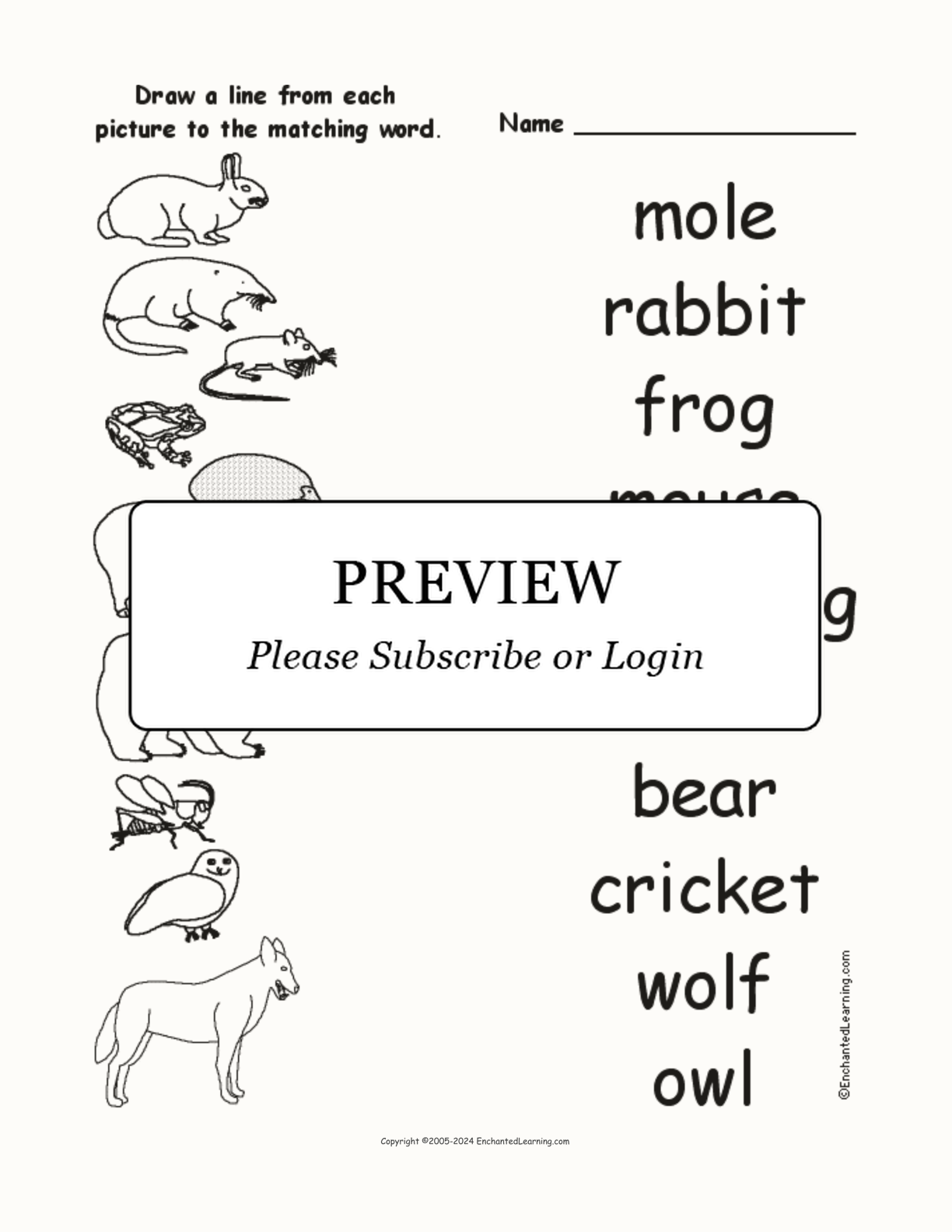 Match the Forest Animal Words to the Pictures interactive worksheet page 1