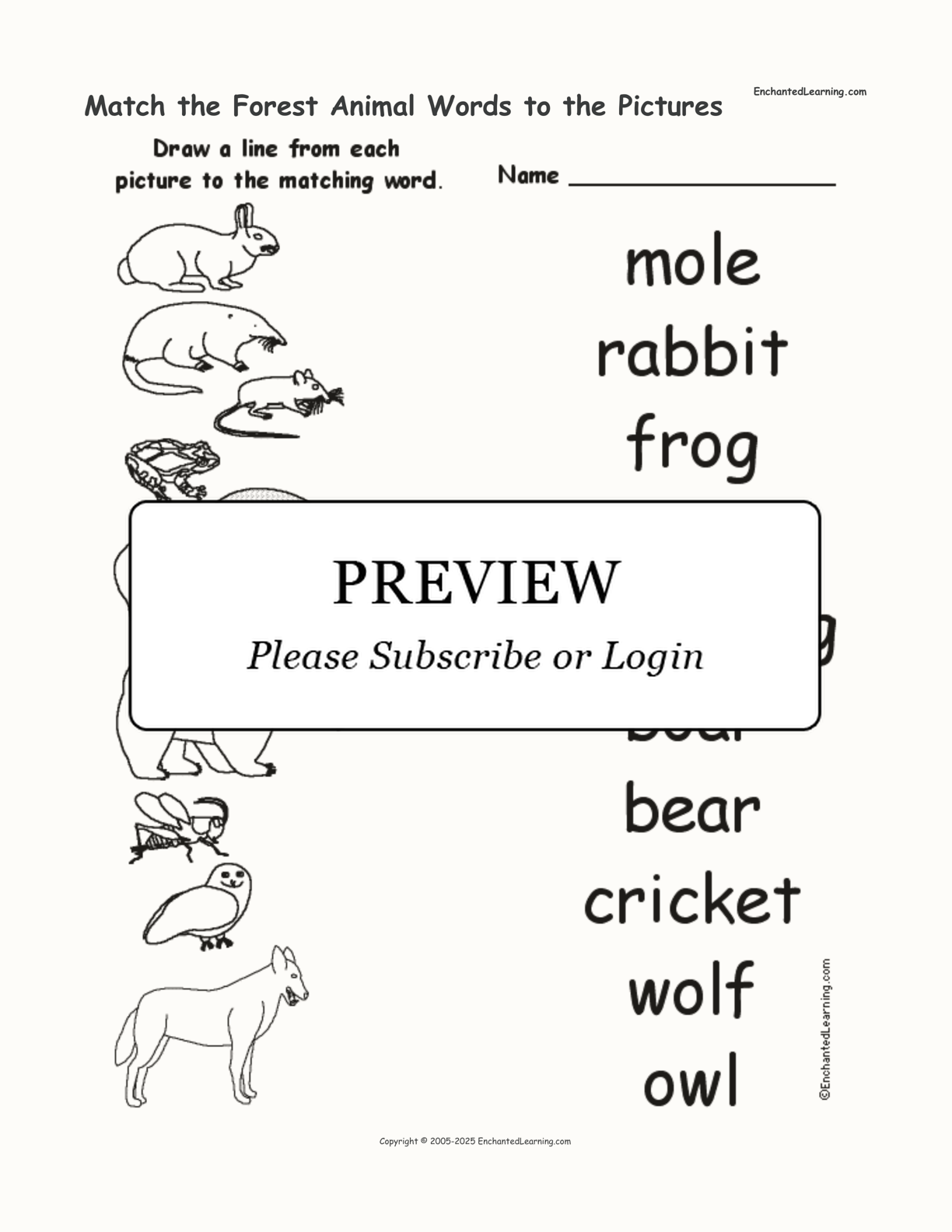 Match the Forest Animal Words to the Pictures interactive worksheet page 1