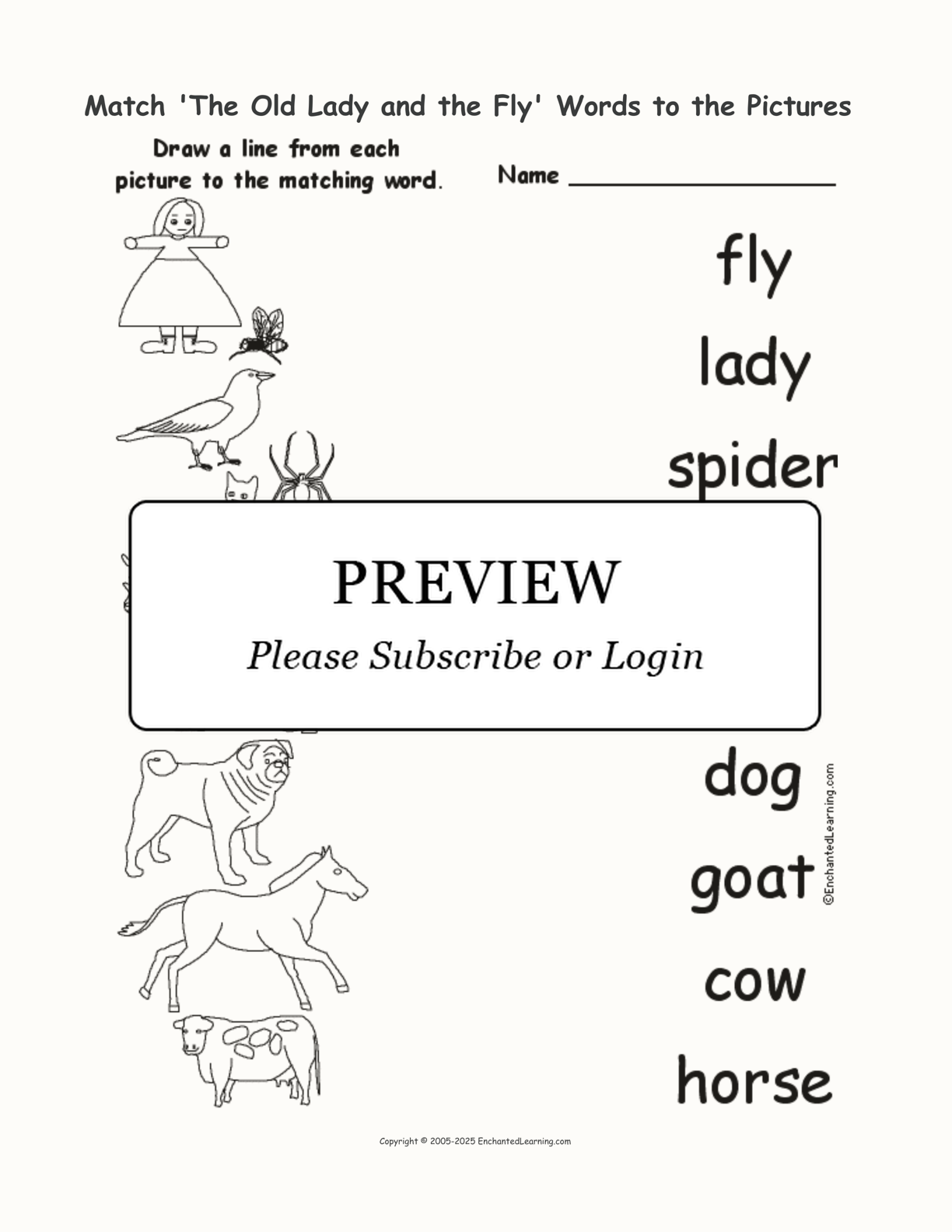 Match 'The Old Lady and the Fly' Words to the Pictures interactive worksheet page 1