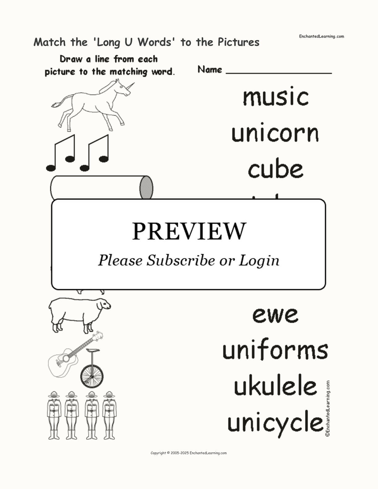 Match the 'Long U Words' to the Pictures interactive worksheet page 1