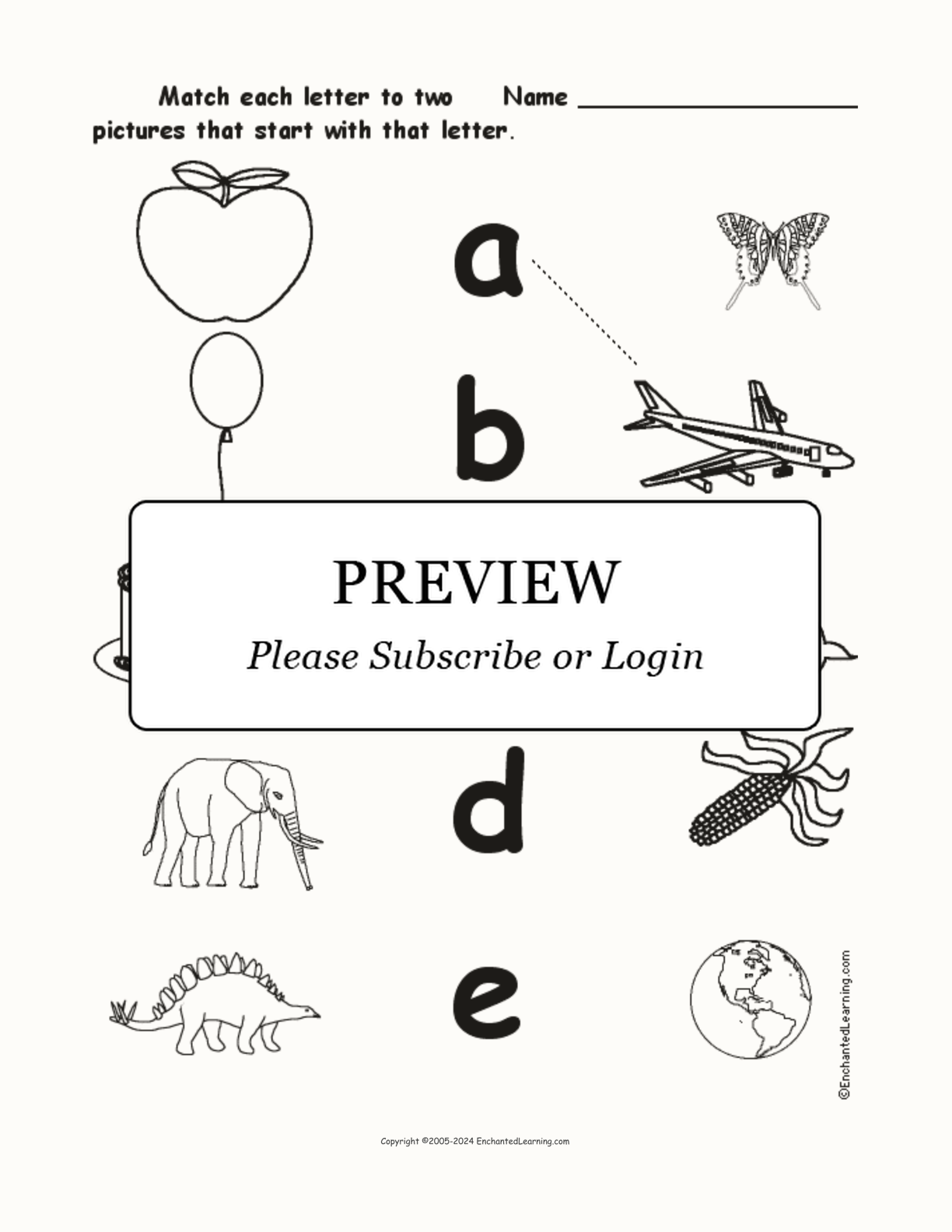Match the Lower Case Letters A-E to the Pictures interactive worksheet page 1