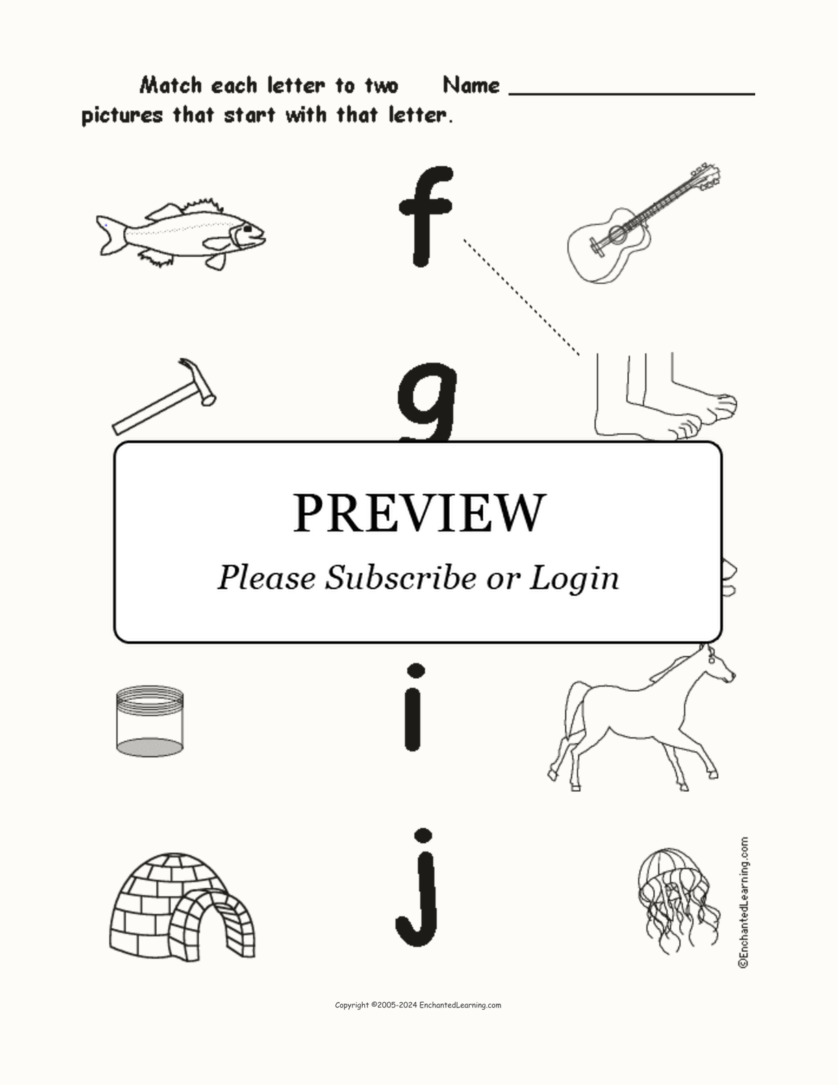 Match the Lower Case Letters F-J to the Pictures interactive worksheet page 1
