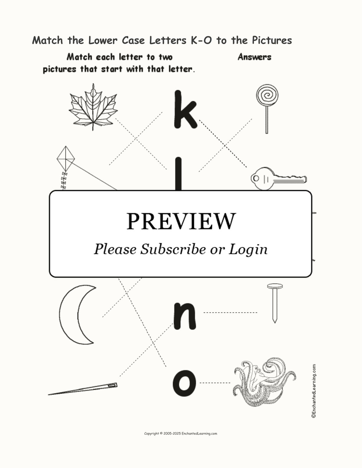 Match the Lower Case Letters K-O to the Pictures interactive worksheet page 2