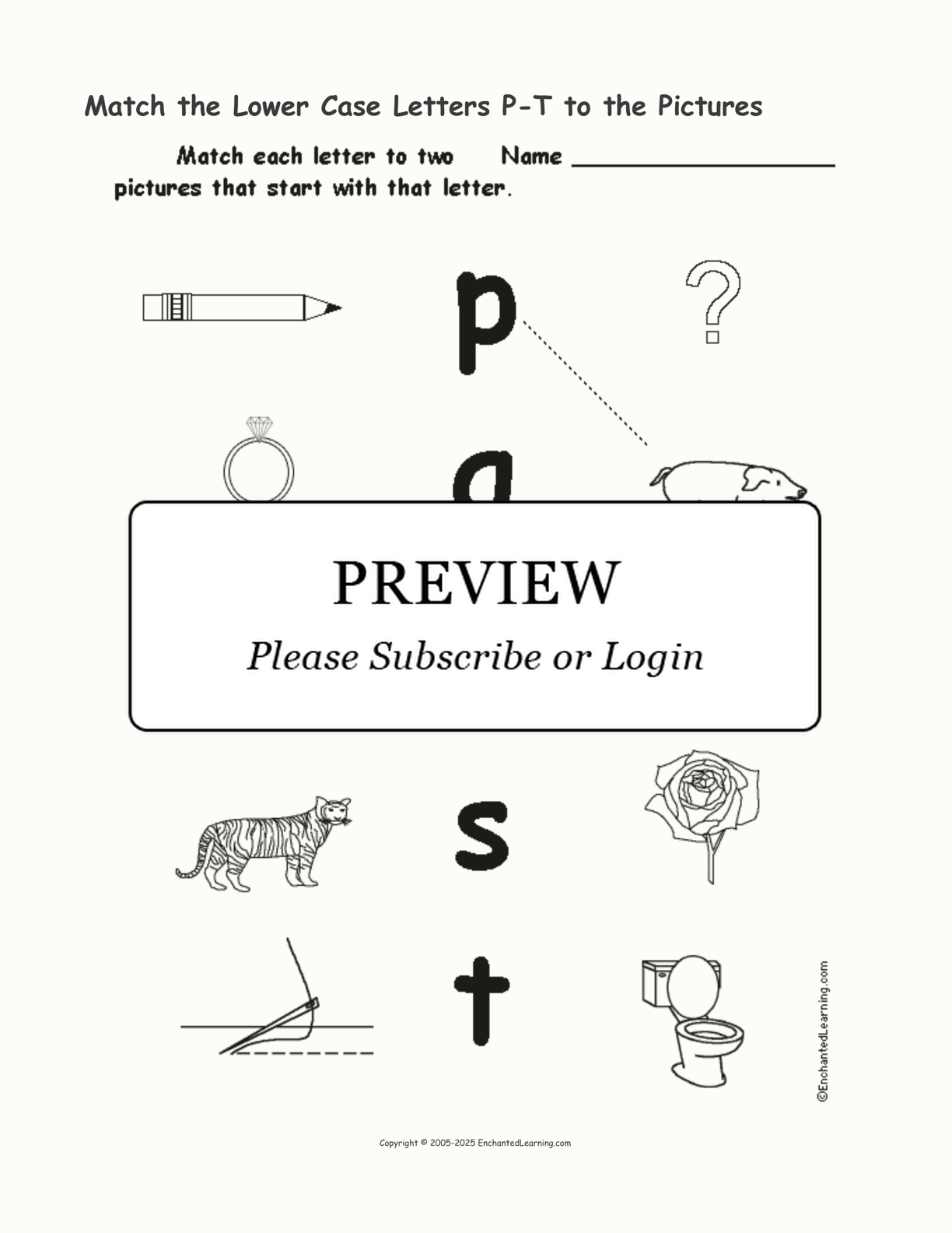 Match the Lower Case Letters P-T to the Pictures interactive worksheet page 1