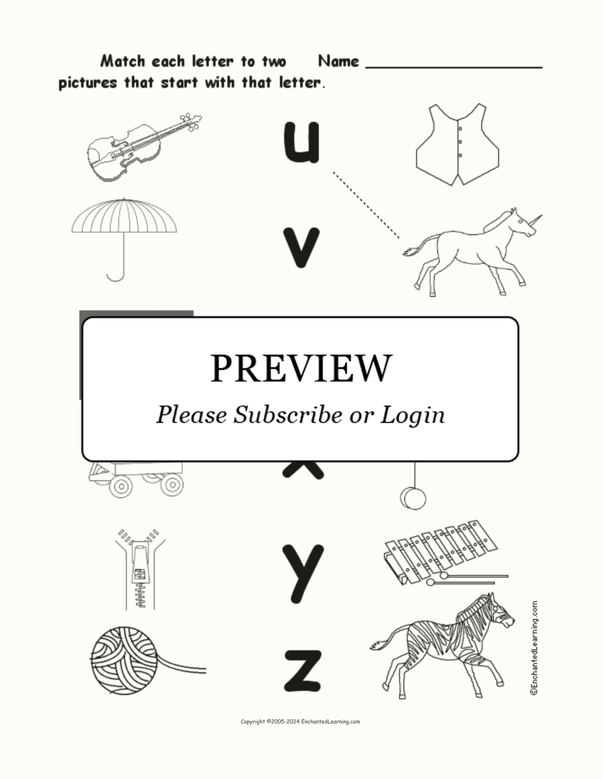 Match the Lower Case Letters U-Z to the Pictures interactive worksheet page 1