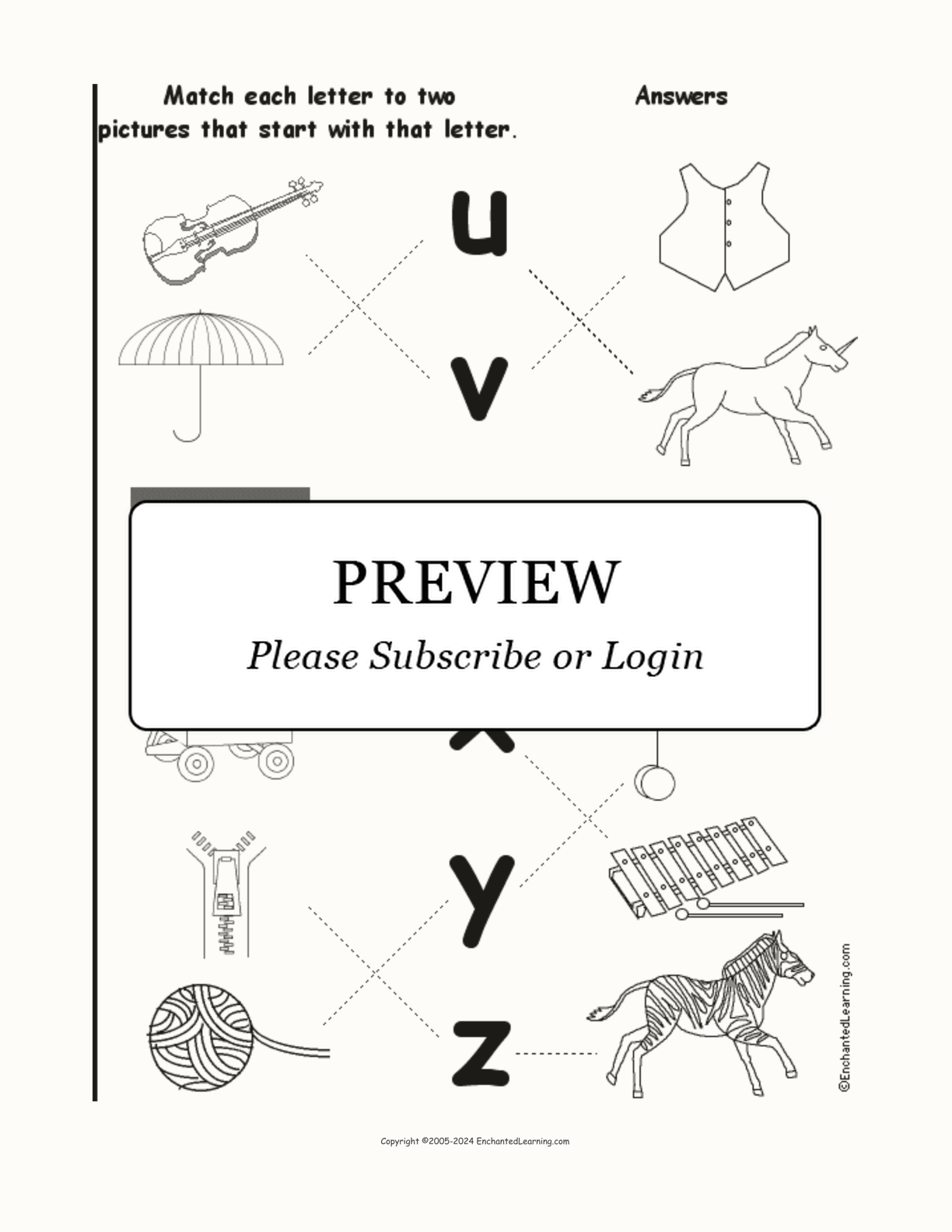 Match the Lower Case Letters U-Z to the Pictures interactive worksheet page 2