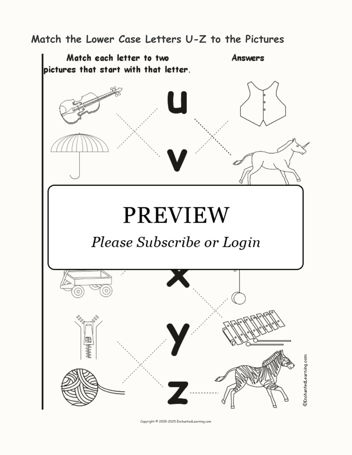 Match the Lower Case Letters U-Z to the Pictures interactive worksheet page 2