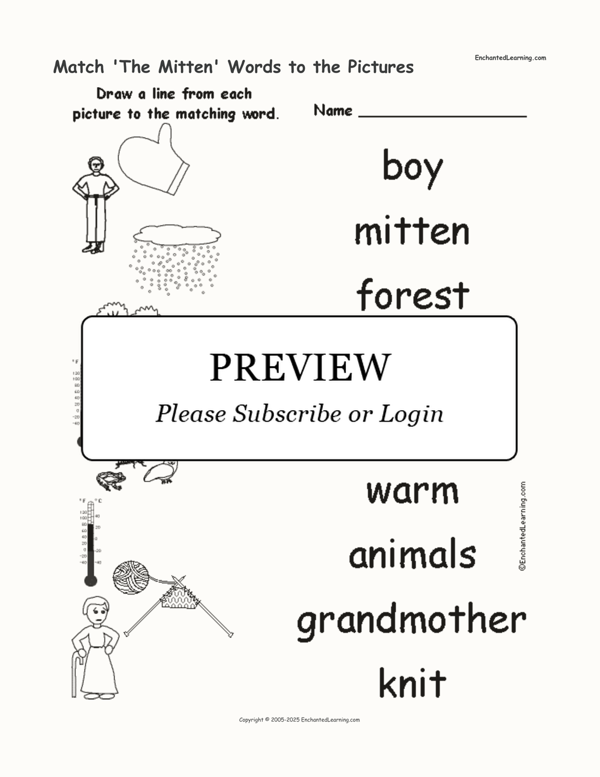 Match 'The Mitten' Words to the Pictures interactive worksheet page 1