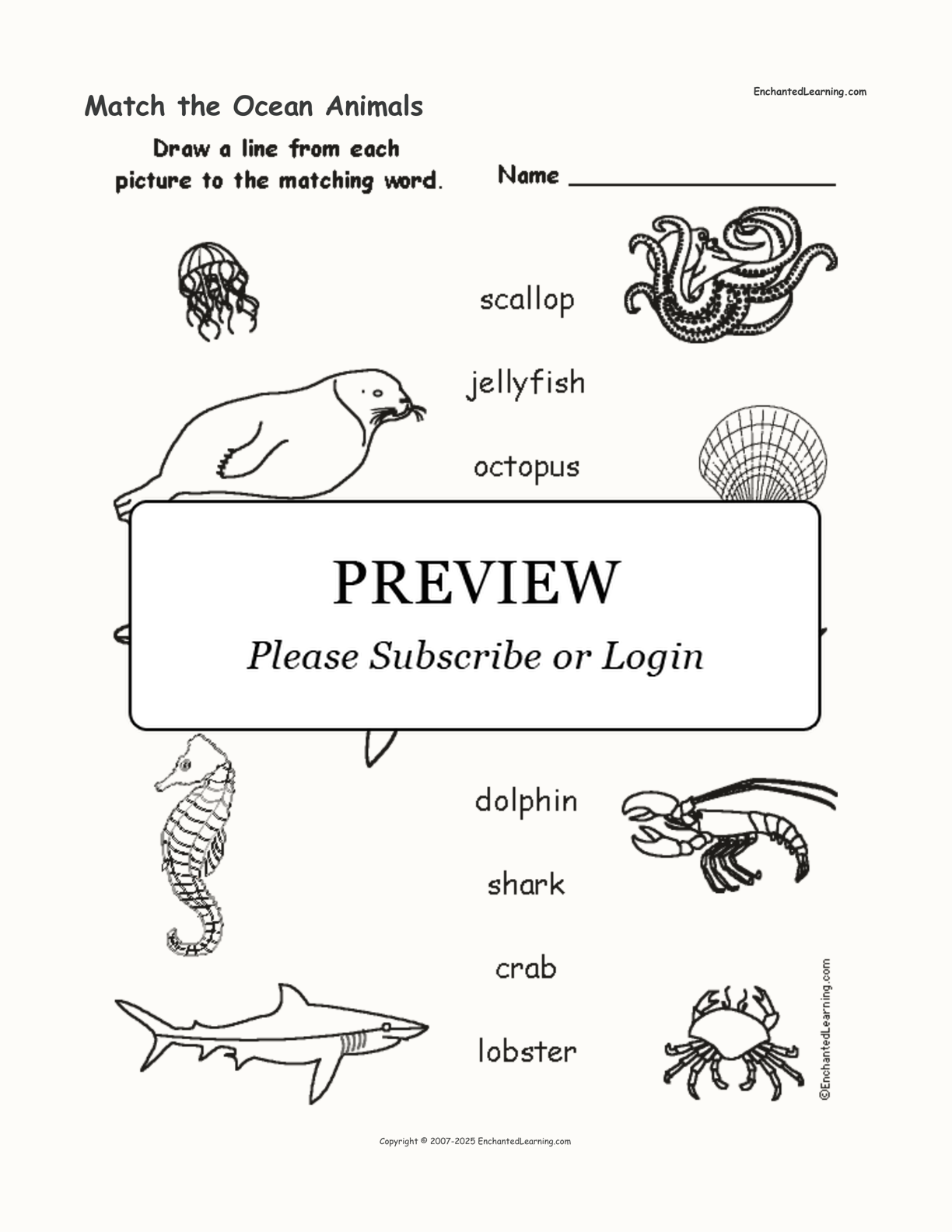 Match the Ocean Animals interactive worksheet page 1