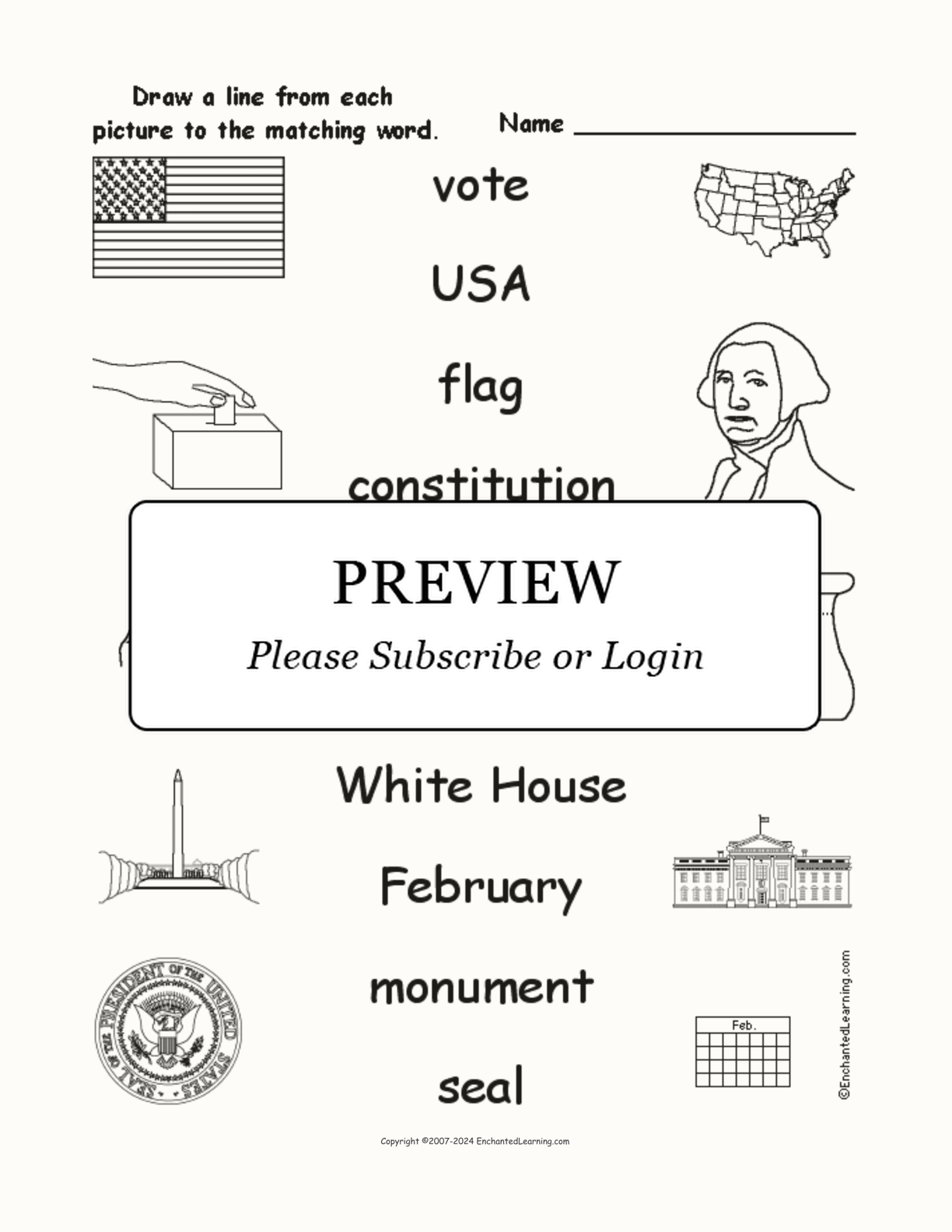 Presidents' Day Words - Match the Words to the Pictures interactive worksheet page 1