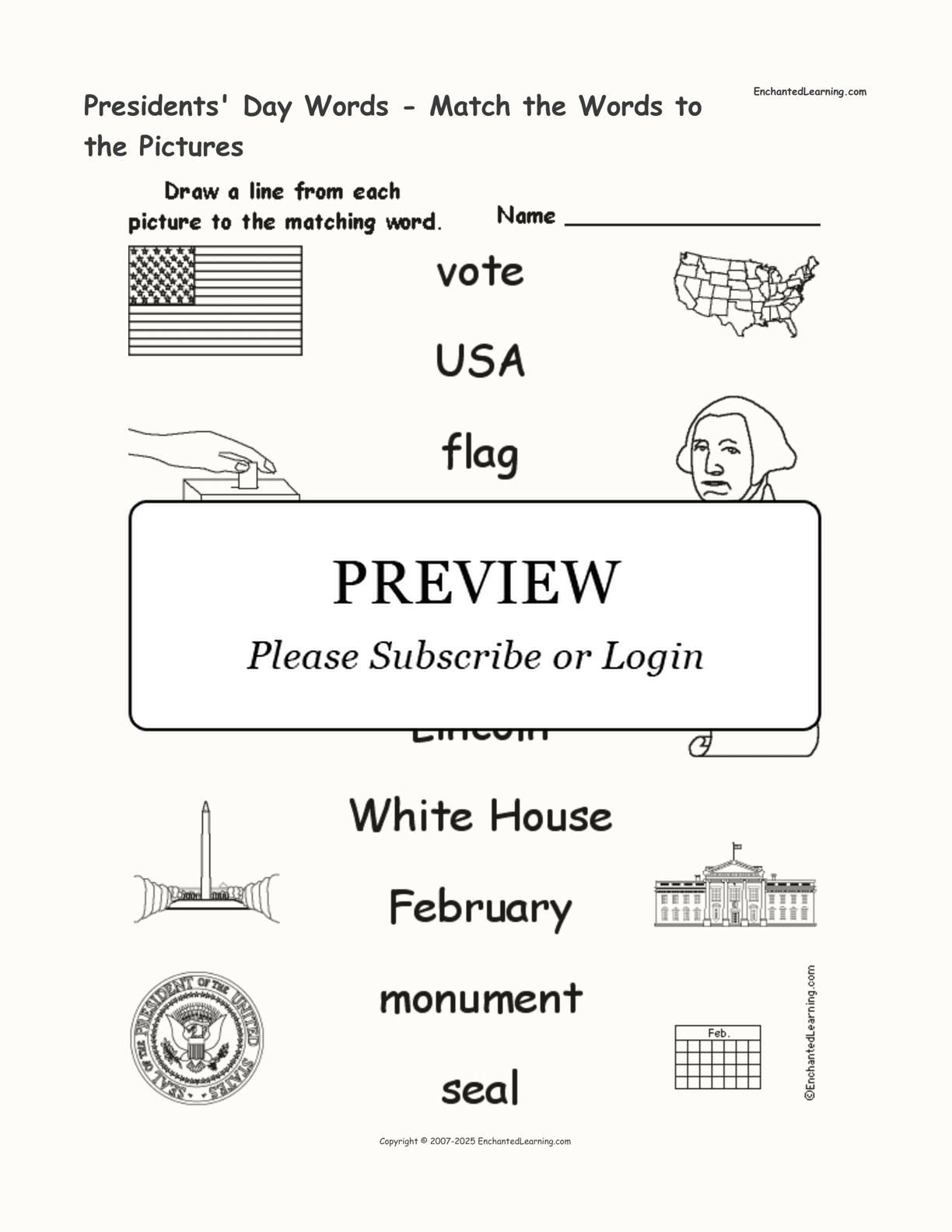 Presidents' Day Words - Match the Words to the Pictures interactive worksheet page 1