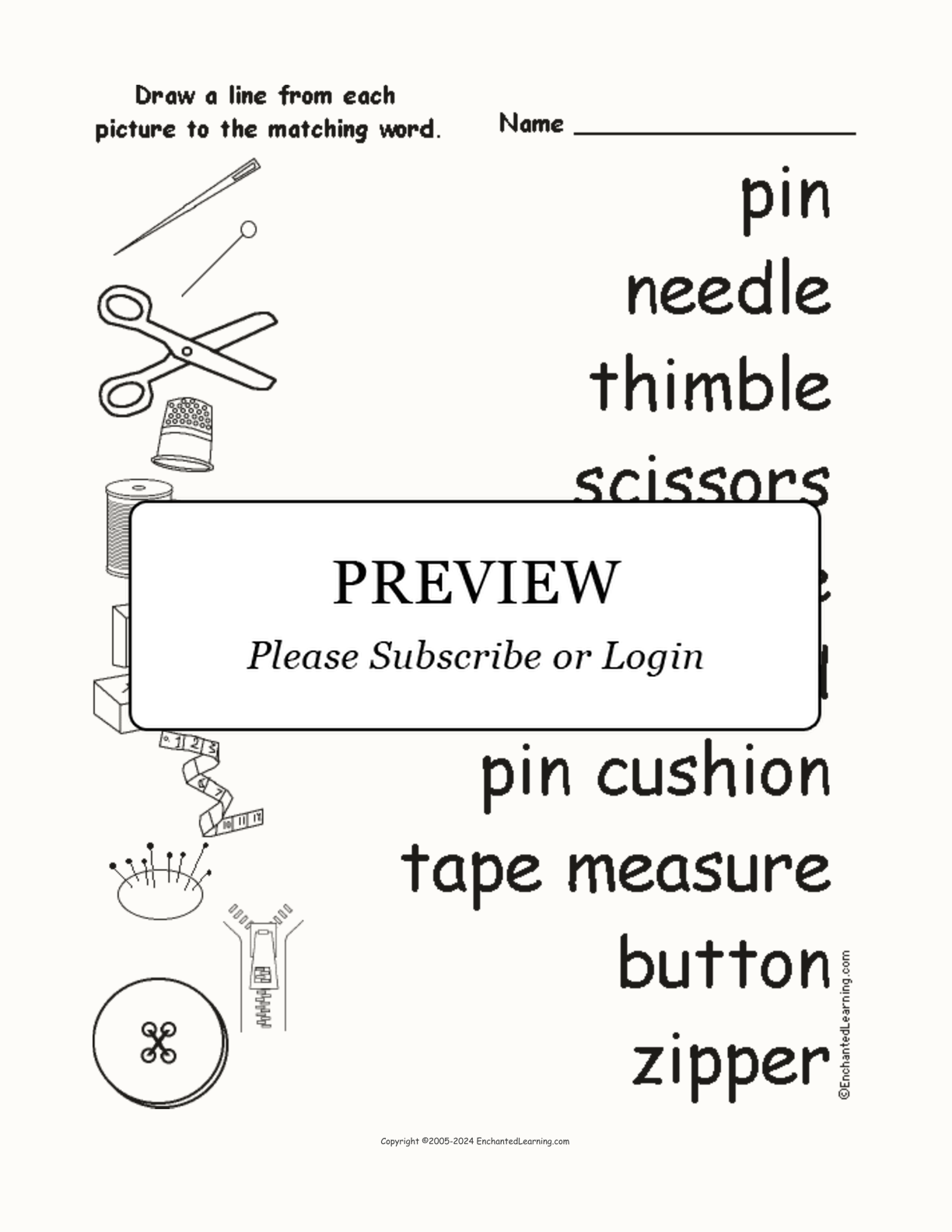 Match the Sewing Words to the Pictures interactive worksheet page 1