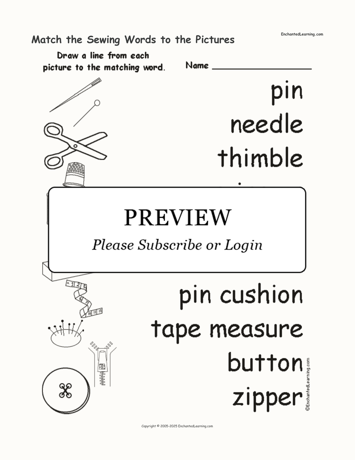 Match the Sewing Words to the Pictures interactive worksheet page 1