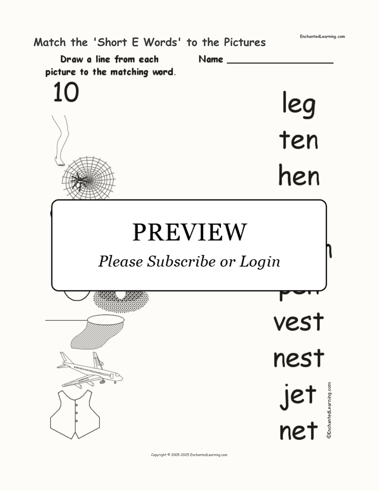 Match the 'Short E Words' to the Pictures interactive worksheet page 1