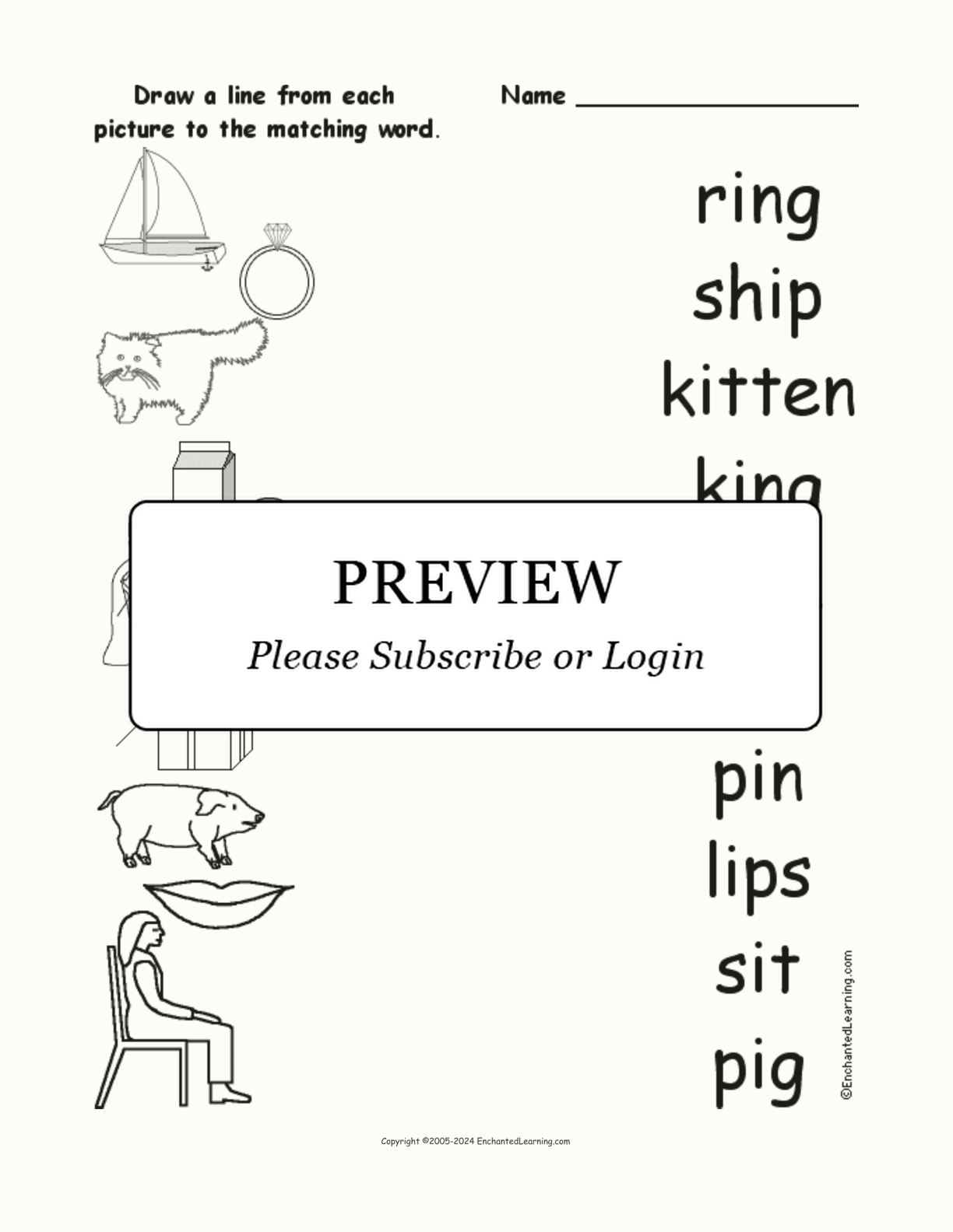 Match the 'Short I Words' to the Pictures interactive worksheet page 1