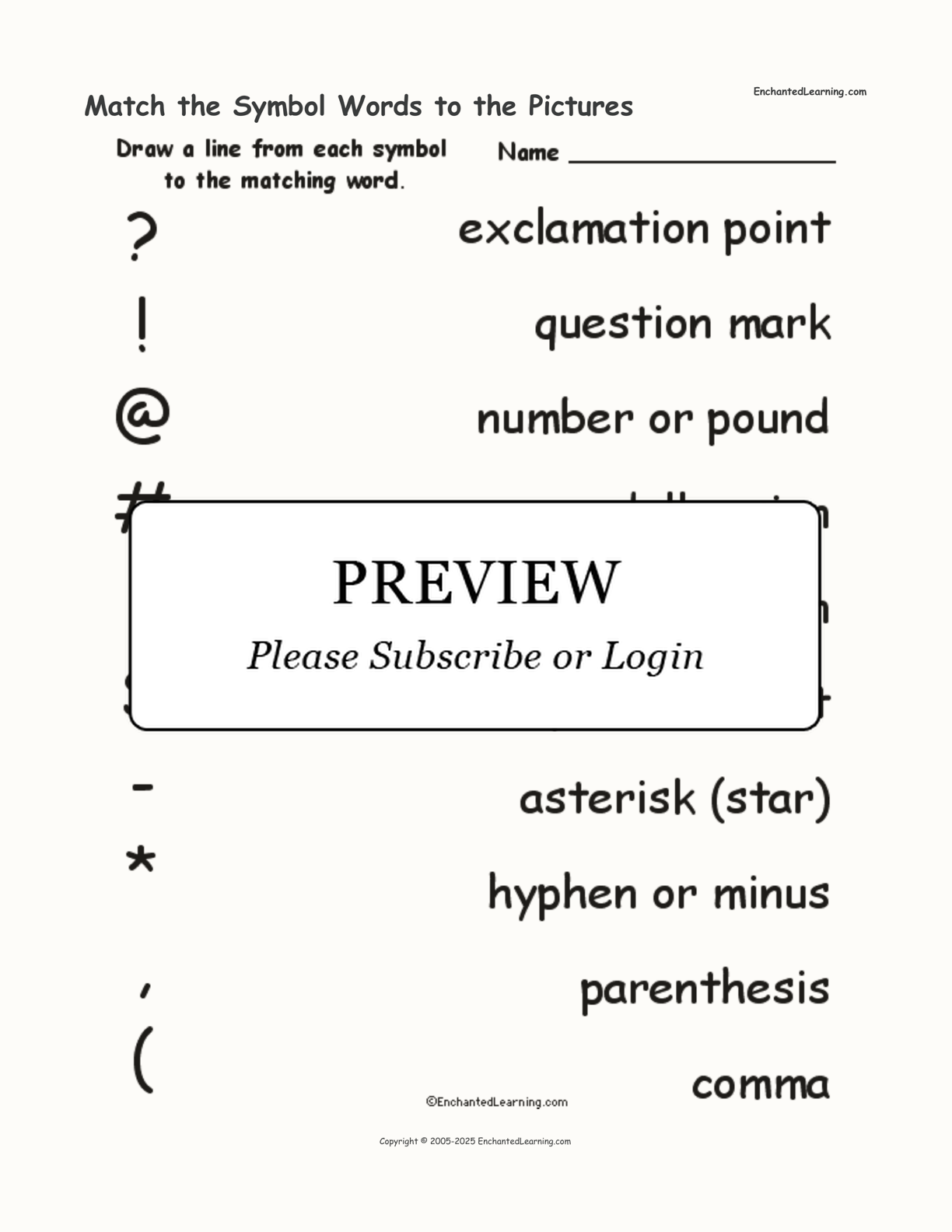 Match the Symbol Words to the Pictures interactive worksheet page 1