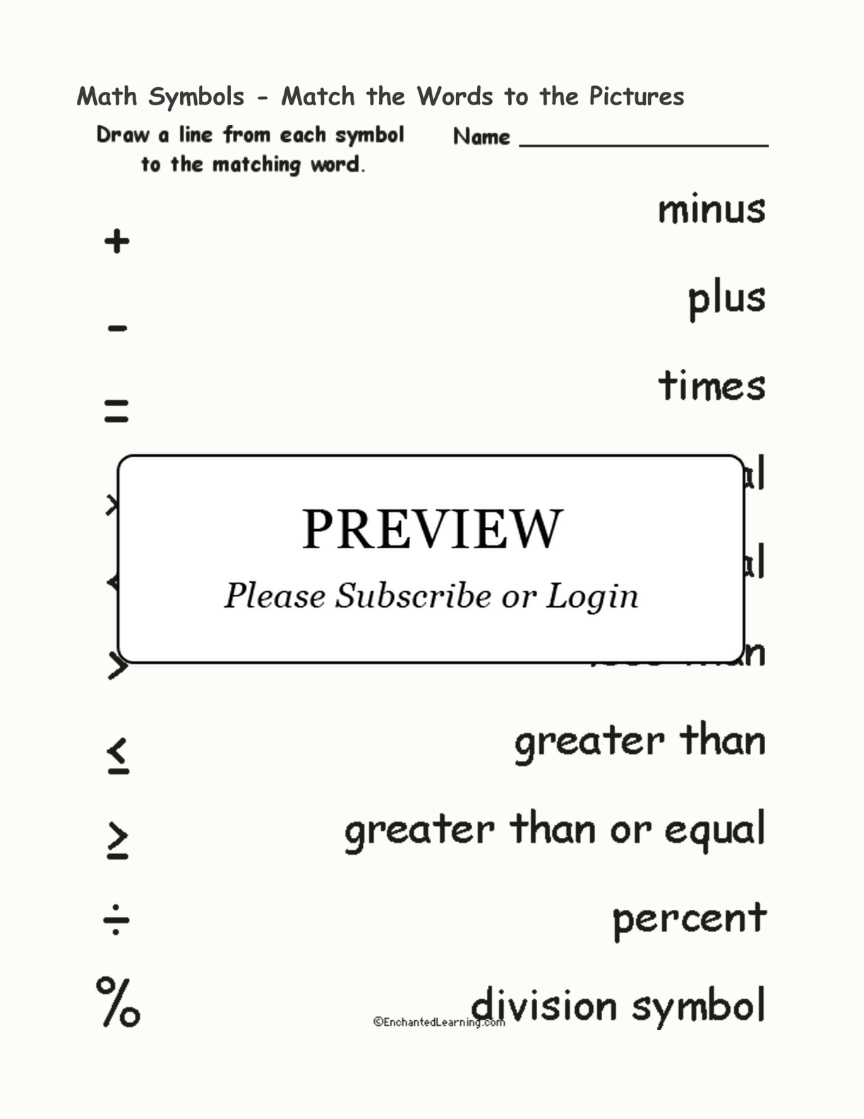 Math Symbols - Match the Words to the Pictures interactive worksheet page 1