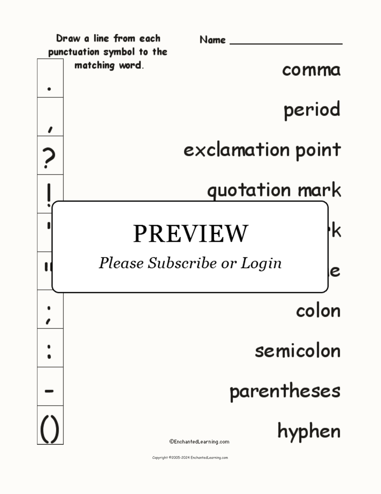 Match the 'Punctuation Symbol' Words to the Pictures interactive worksheet page 1