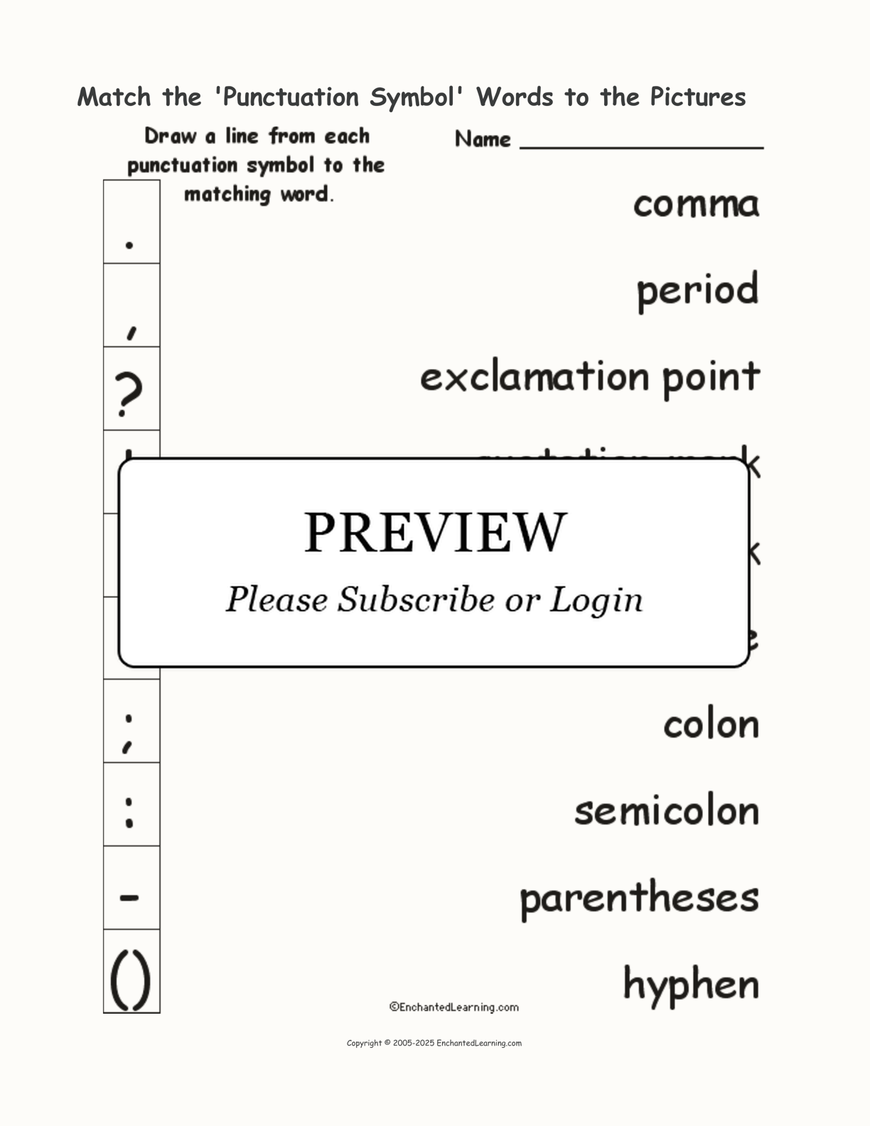 Match the 'Punctuation Symbol' Words to the Pictures interactive worksheet page 1