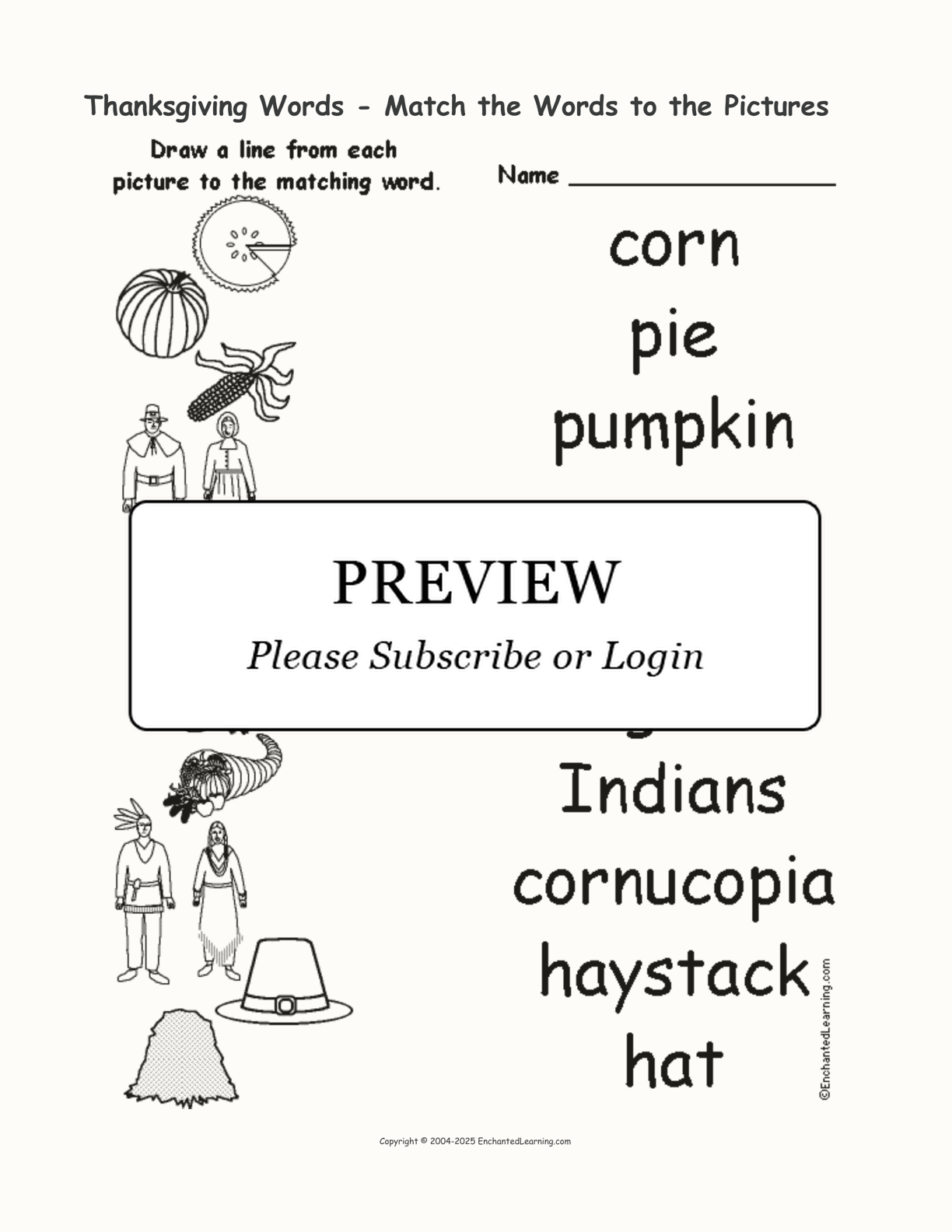 Thanksgiving Words - Match the Words to the Pictures interactive worksheet page 1