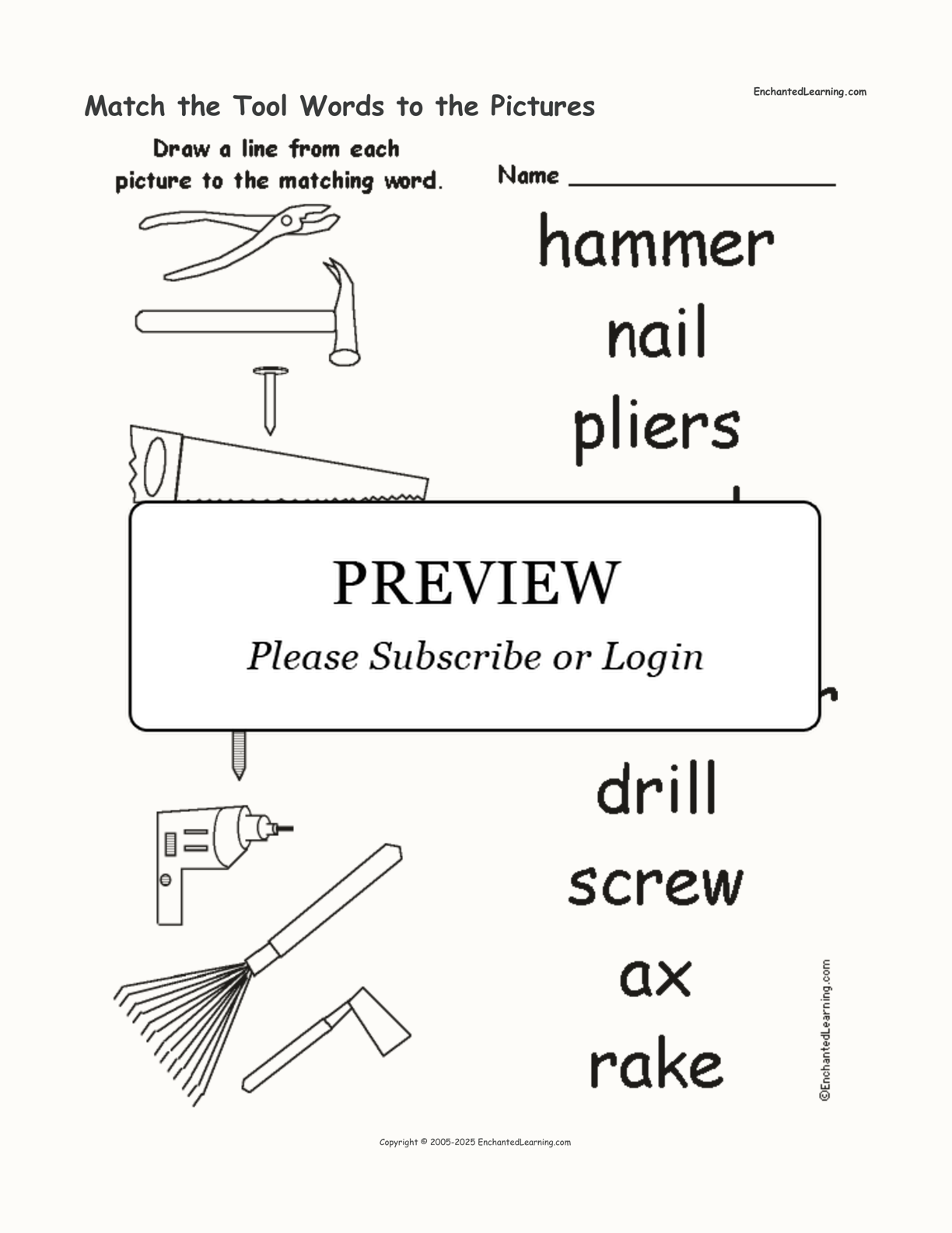 Match the Tool Words to the Pictures interactive worksheet page 1