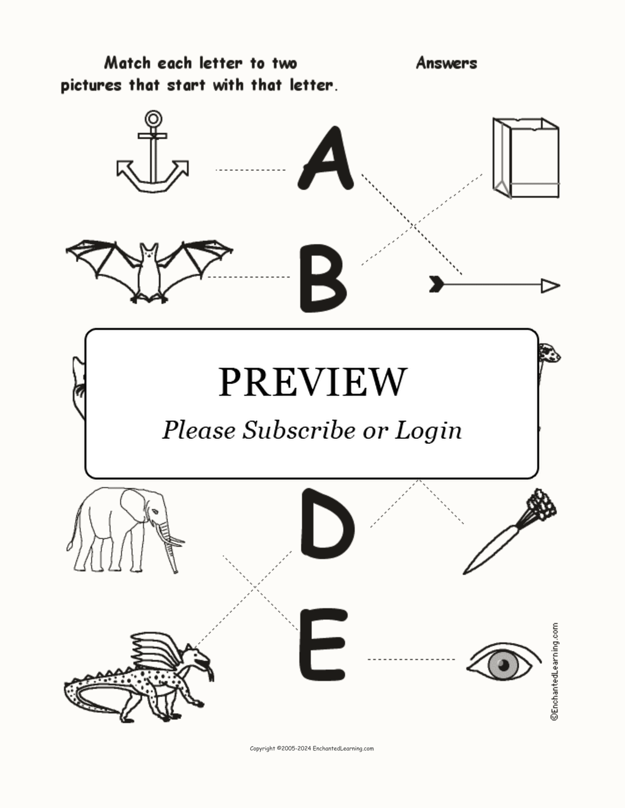 Match the Upper Case Letters A-E to the Pictures interactive worksheet page 2