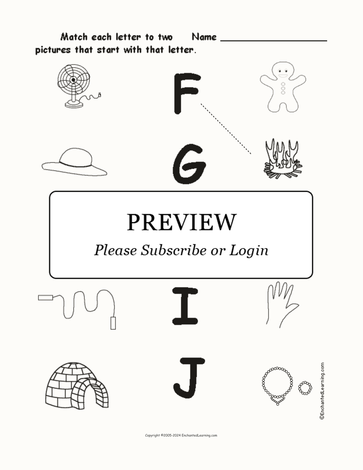 Match the Upper Case Letters F-J to the Pictures interactive worksheet page 1