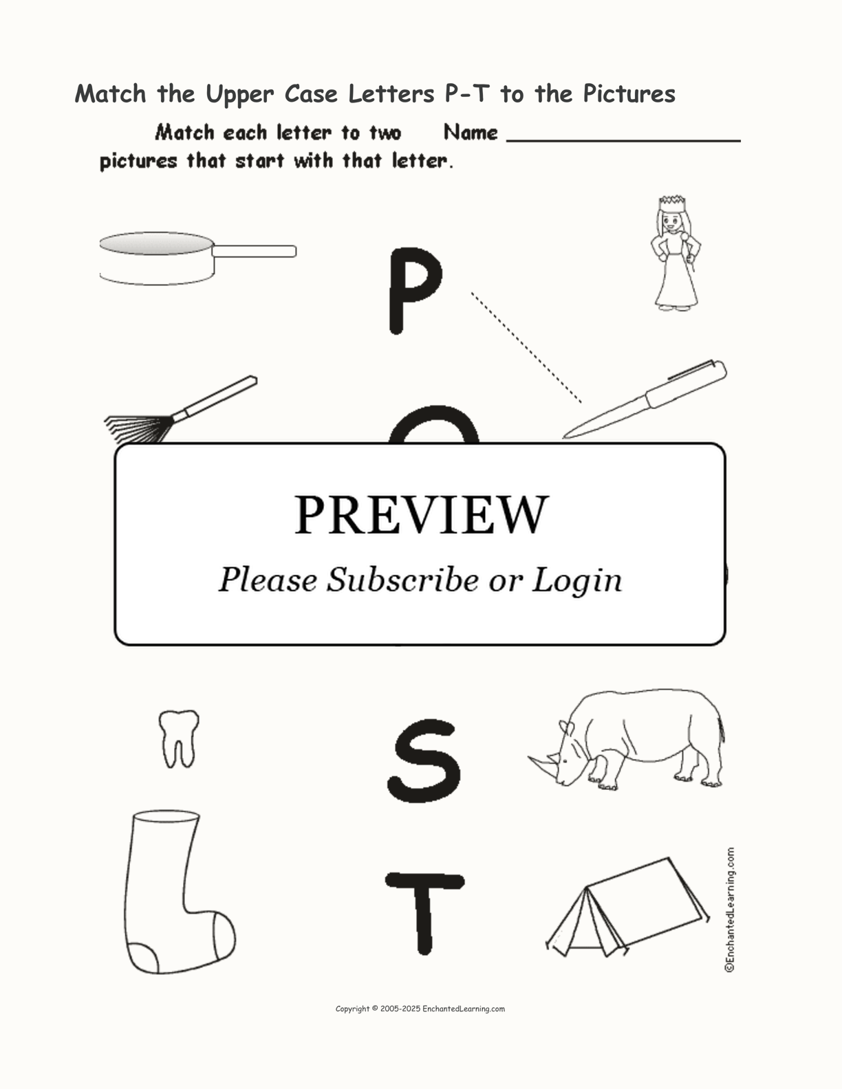 Match the Upper Case Letters P-T to the Pictures interactive worksheet page 1