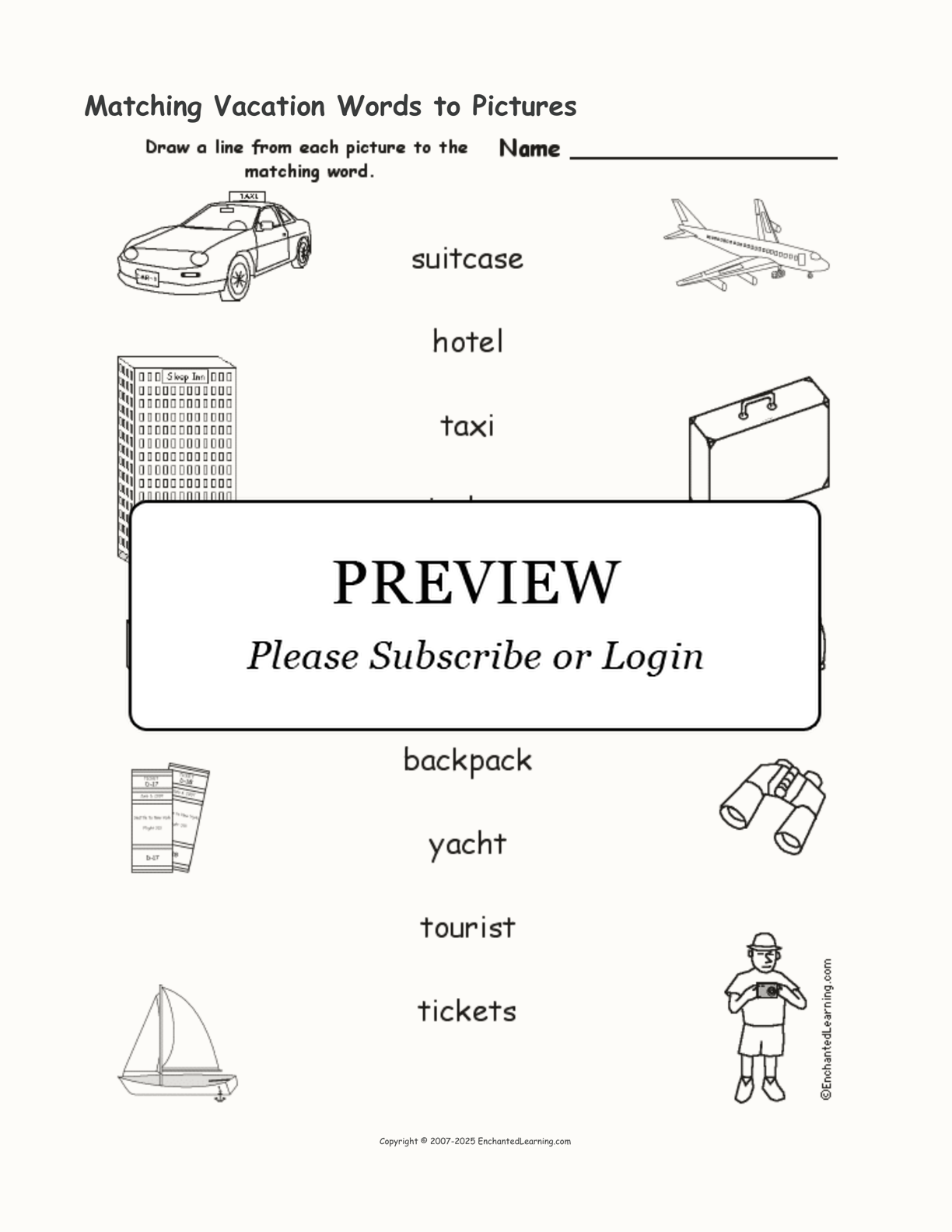 Matching Vacation Words to Pictures interactive worksheet page 1