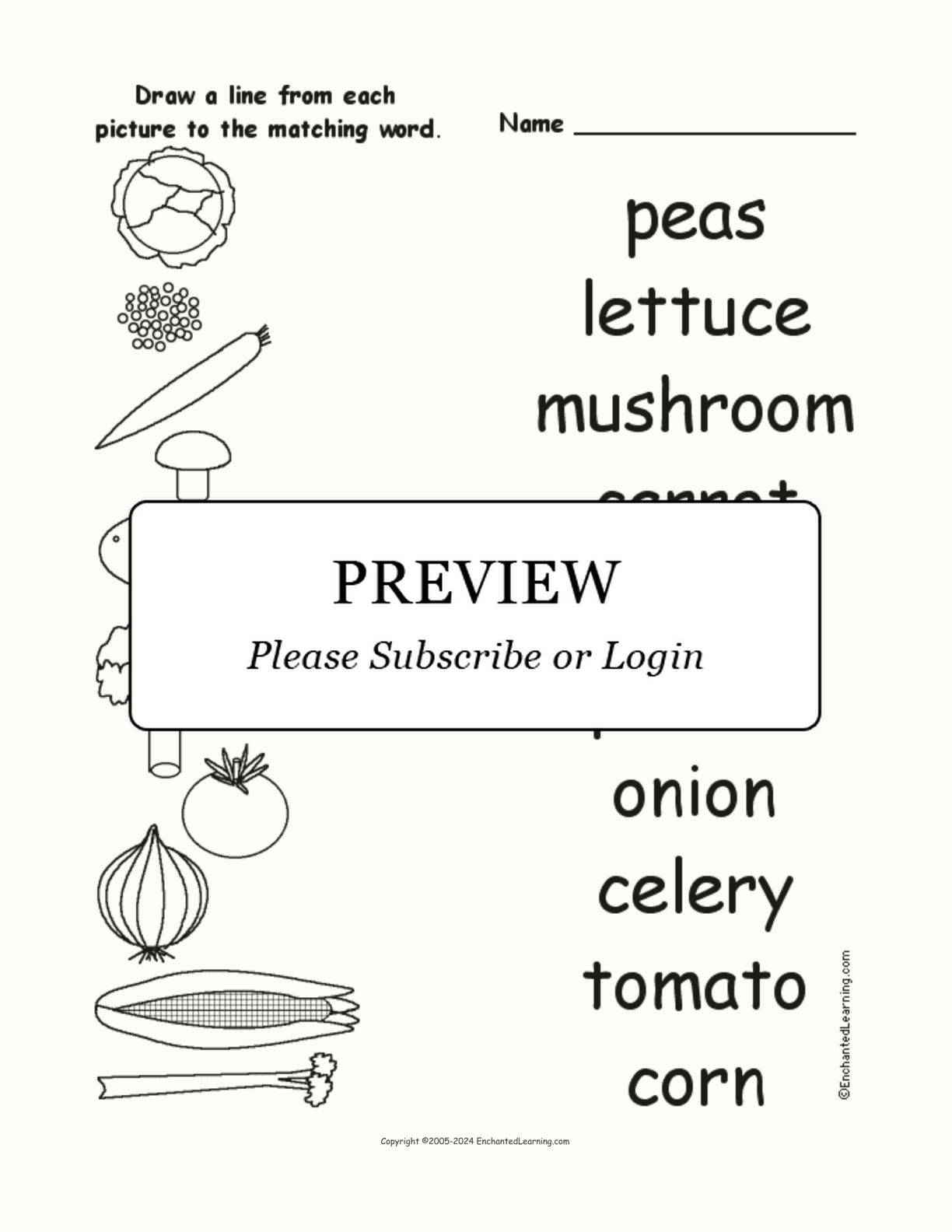 Match the Vegetable Words to the Pictures interactive worksheet page 1