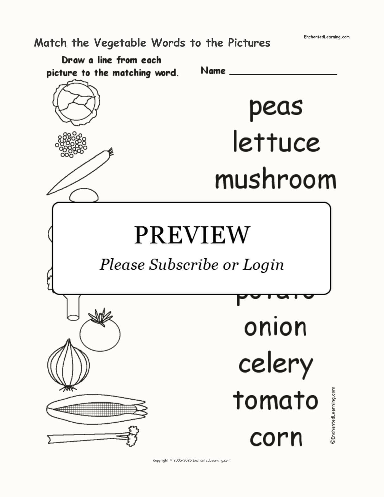 Match the Vegetable Words to the Pictures interactive worksheet page 1