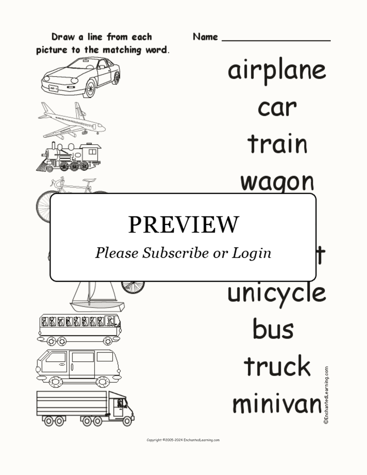 Match the Vehicle Words to the Pictures interactive worksheet page 1