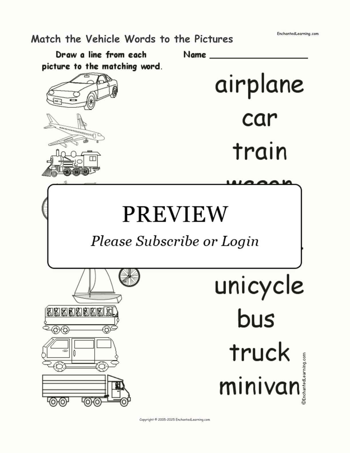 Match the Vehicle Words to the Pictures interactive worksheet page 1