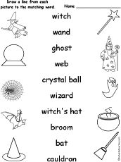 The words are witch, wand, ghost, we, crystal ball, wizard, witch's ha...