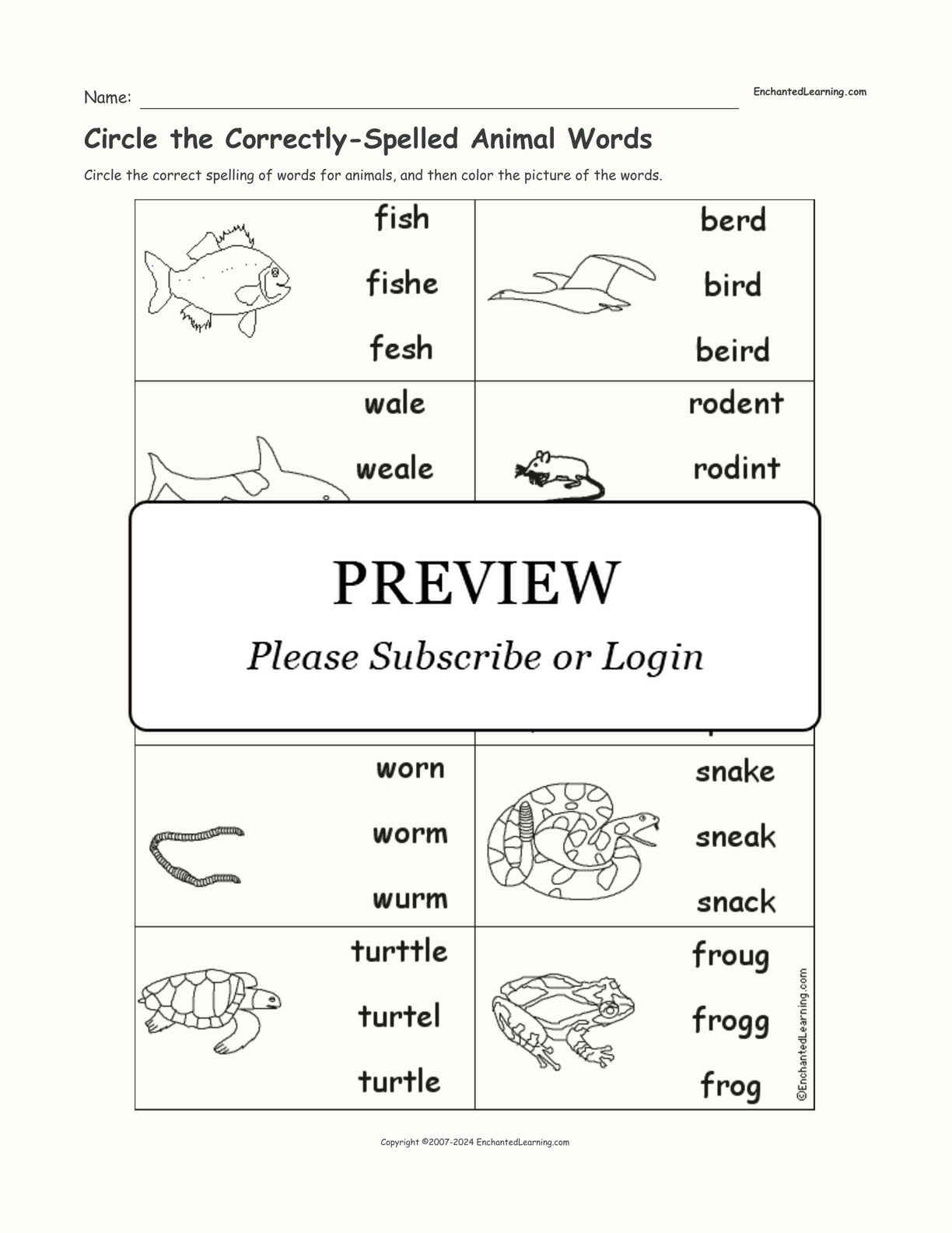 Circle the Correctly-Spelled Animal Words interactive worksheet page 1