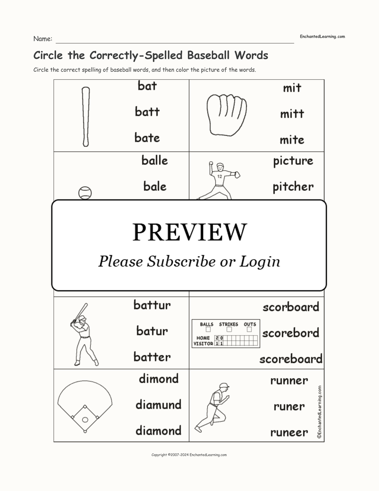 Circle the Correctly-Spelled Baseball Words interactive worksheet page 1
