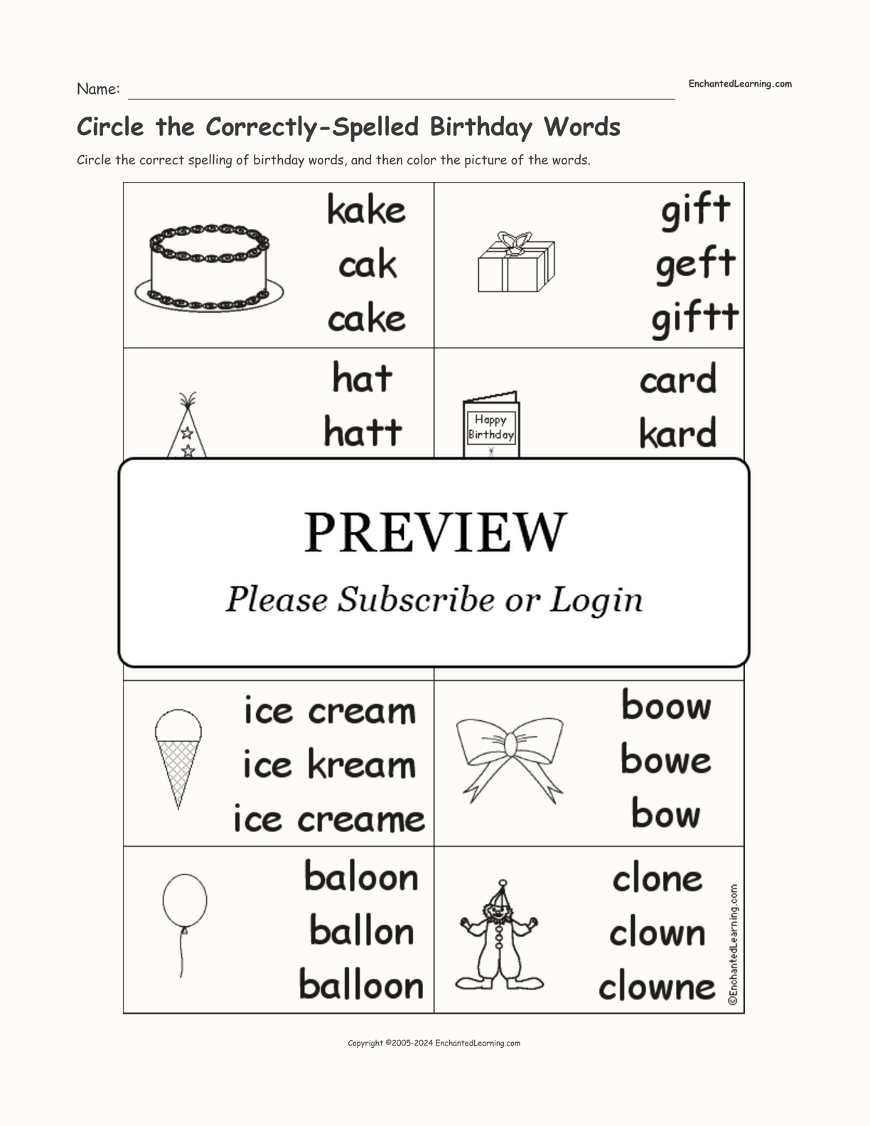 Circle the Correctly-Spelled Birthday Words interactive worksheet page 1
