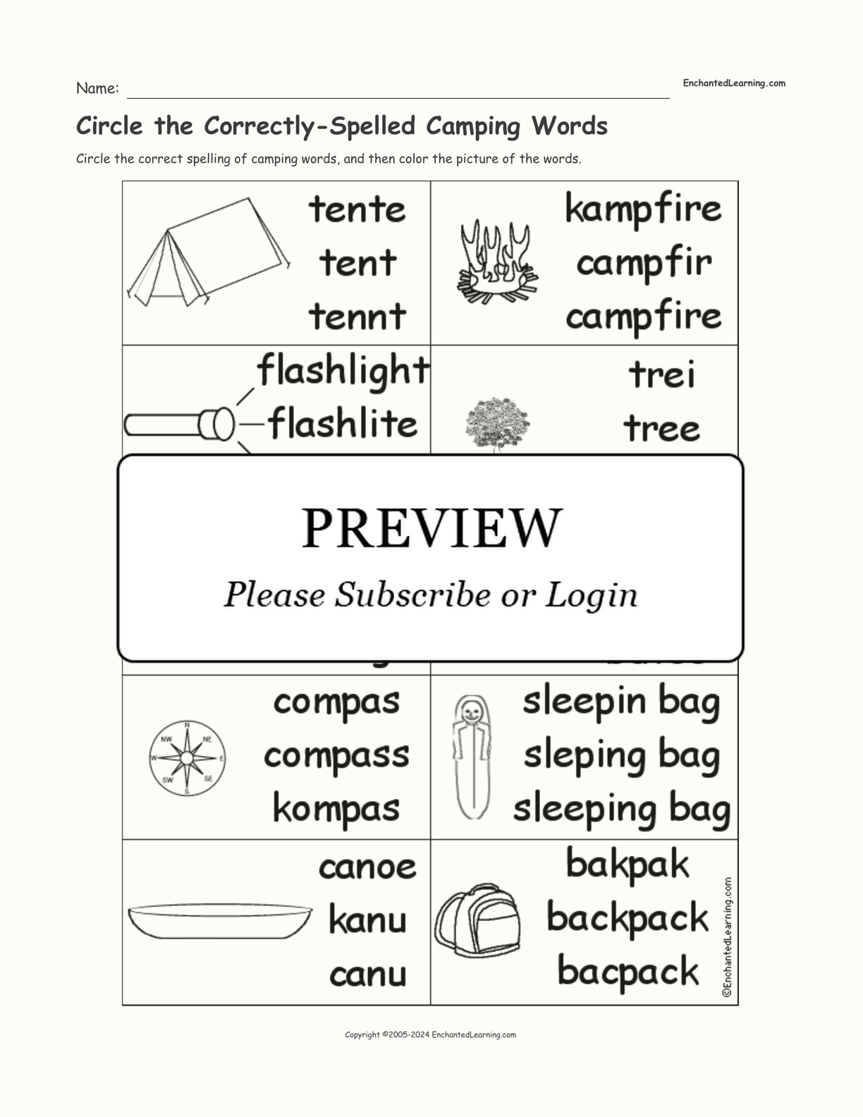 Circle the Correctly-Spelled Camping Words interactive worksheet page 1