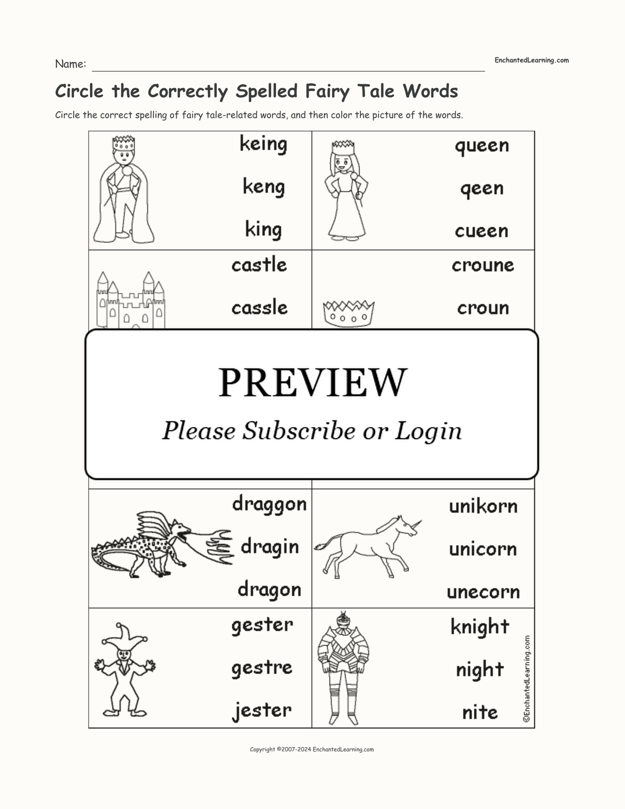 Circle the Correctly Spelled Fairy Tale Words interactive worksheet page 1