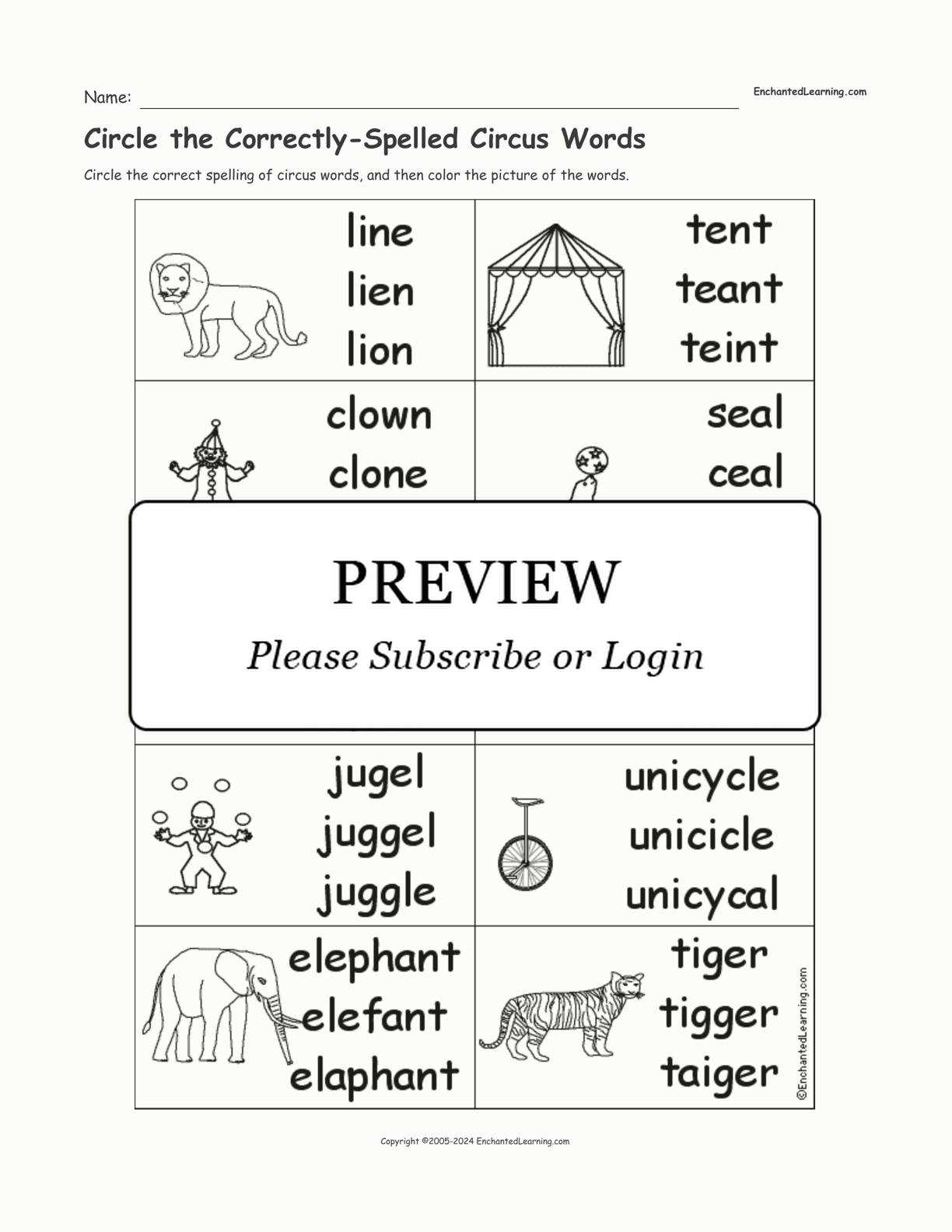 Circle the Correctly-Spelled Circus Words interactive worksheet page 1