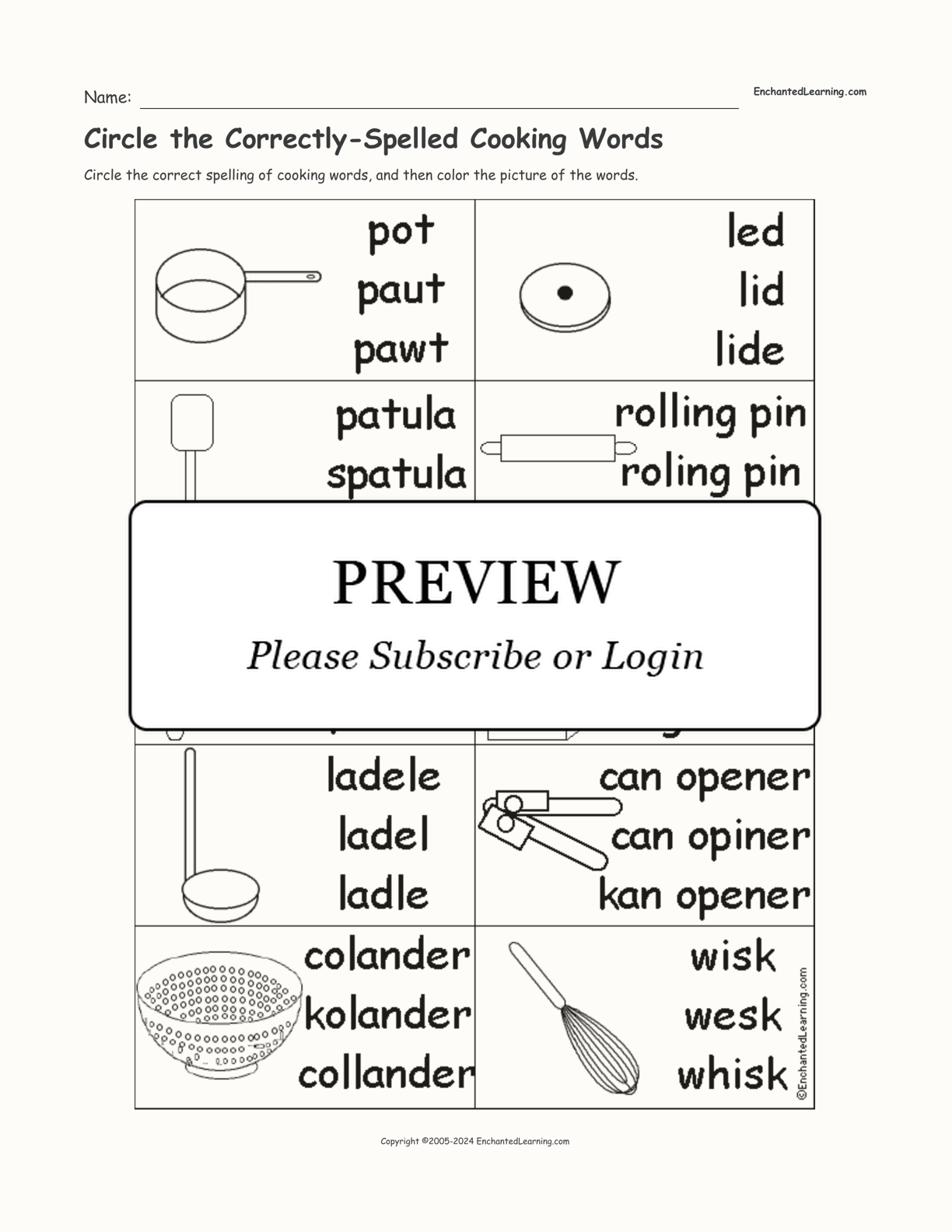 Circle the Correctly-Spelled Cooking Words interactive worksheet page 1